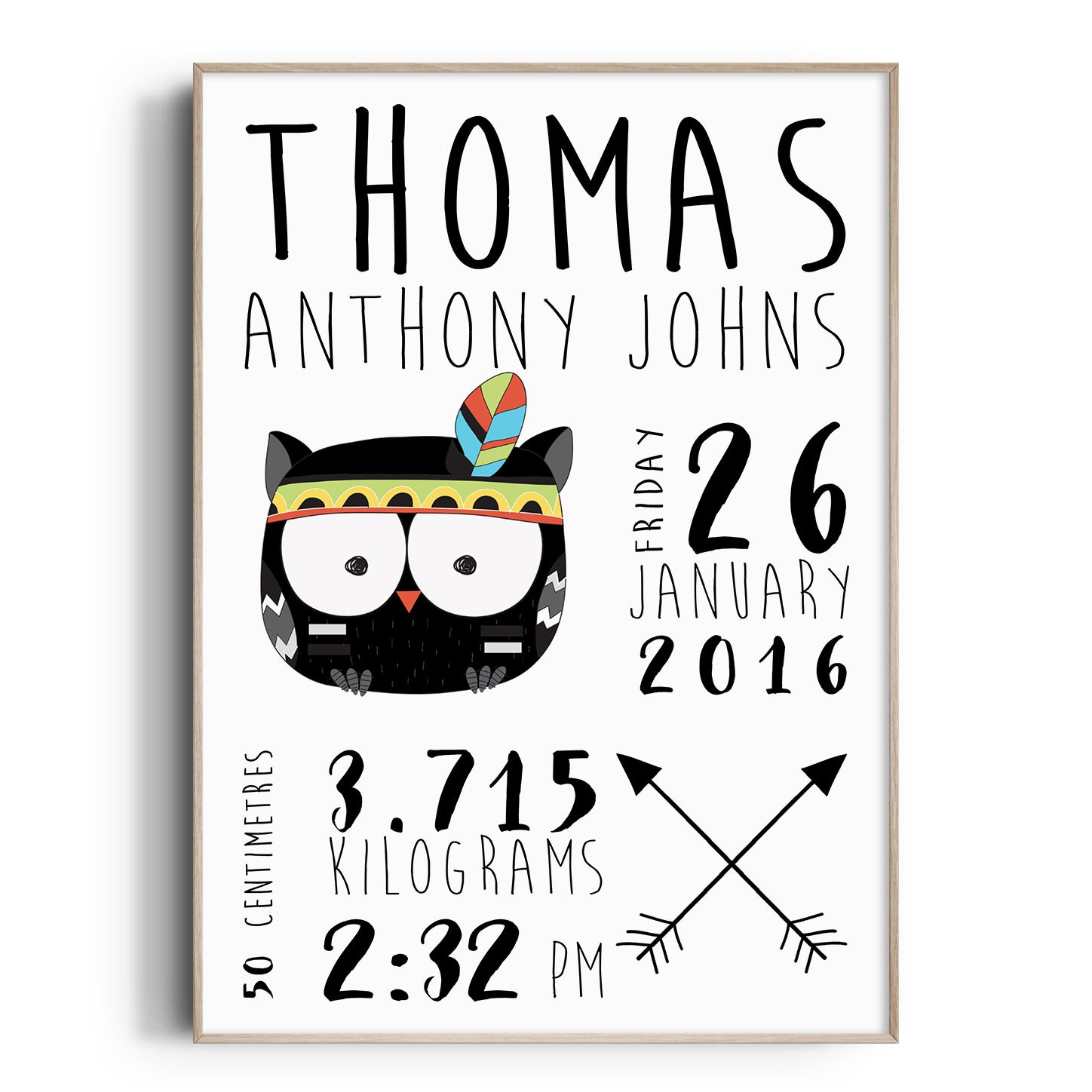 Tribal Owl & Arrows Birth Print