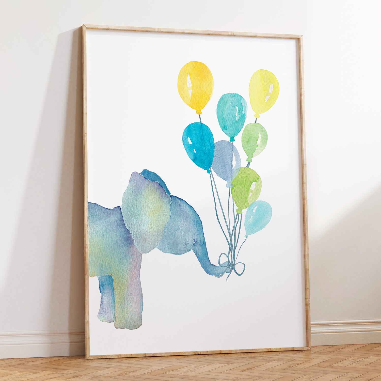 Watercolour Elephant with Balloons Print