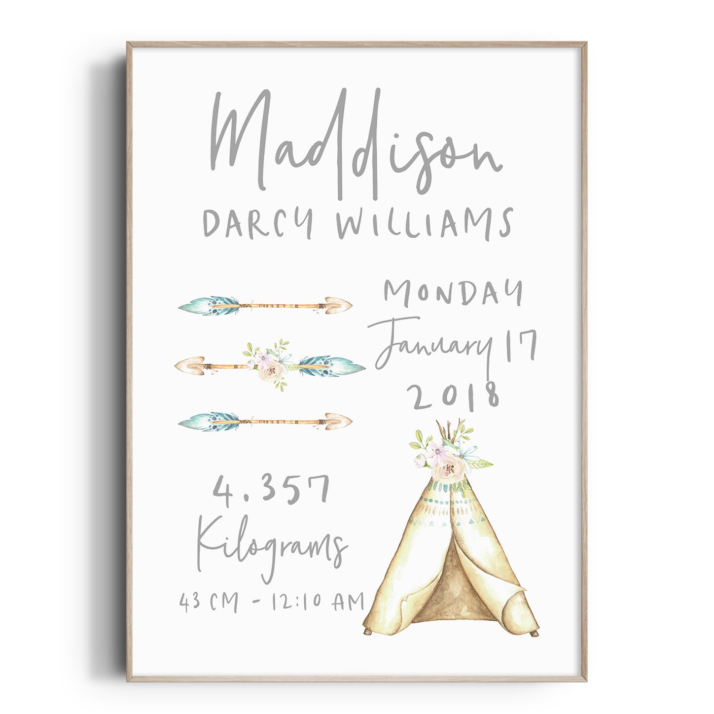 Woodland Tribal Teepee & Arrows Birth Print