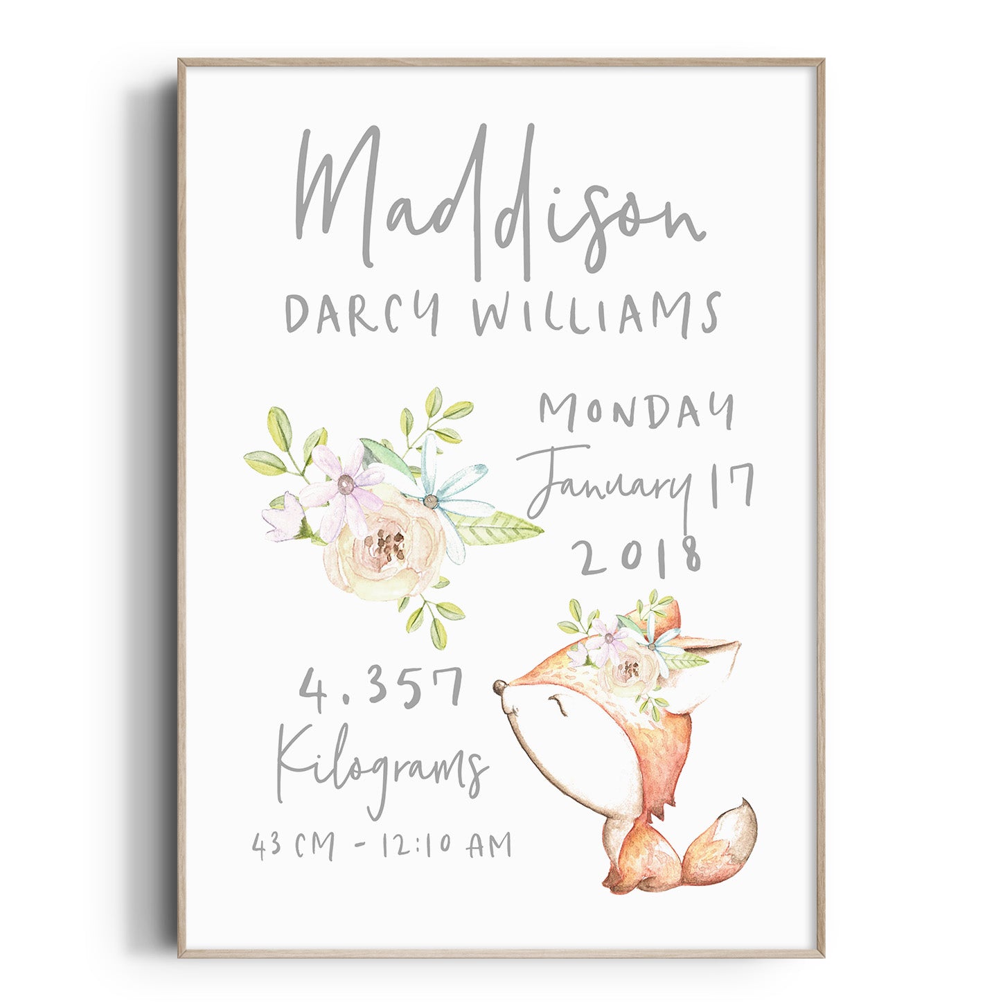 Floral Woodland Fox Birth Print