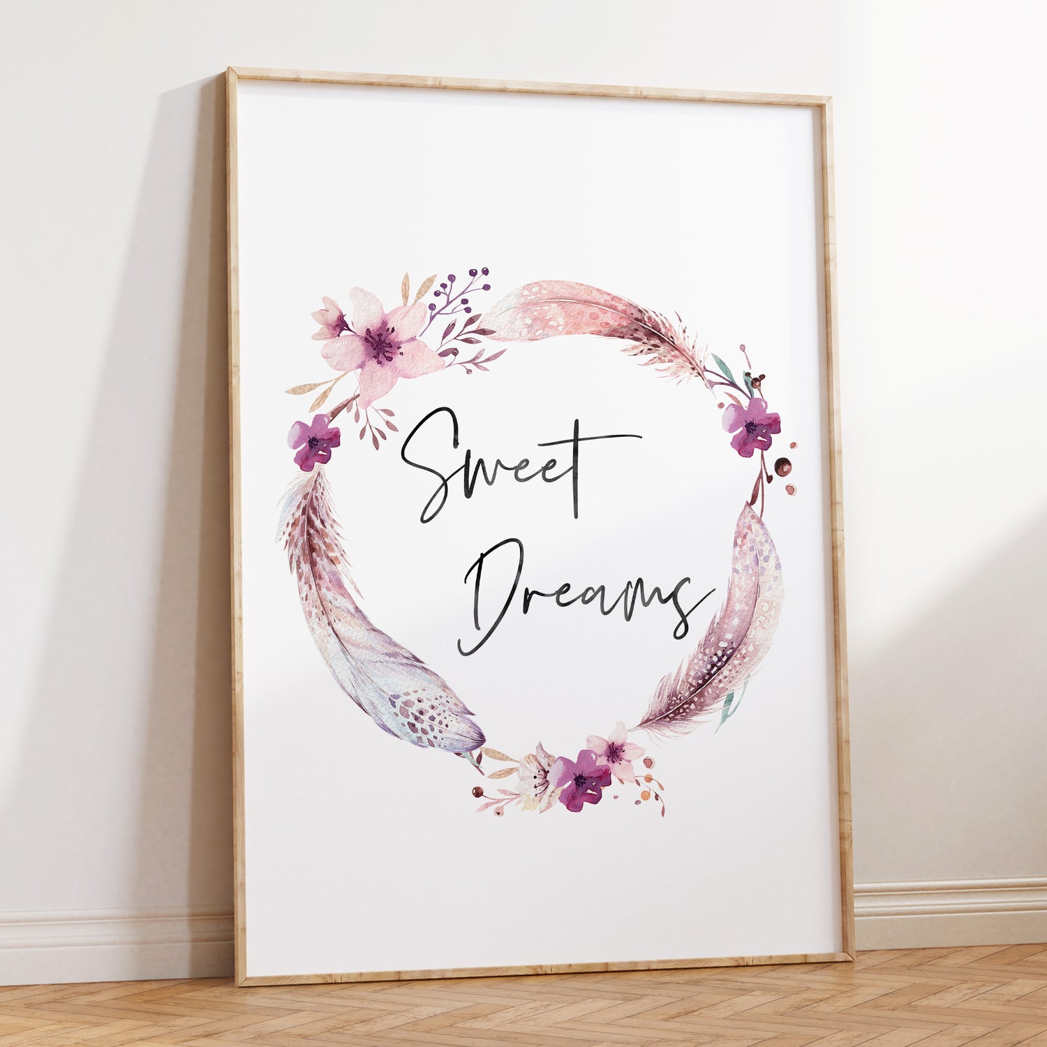 Boho Feather & Floral Wreath Sweet Dreams Print