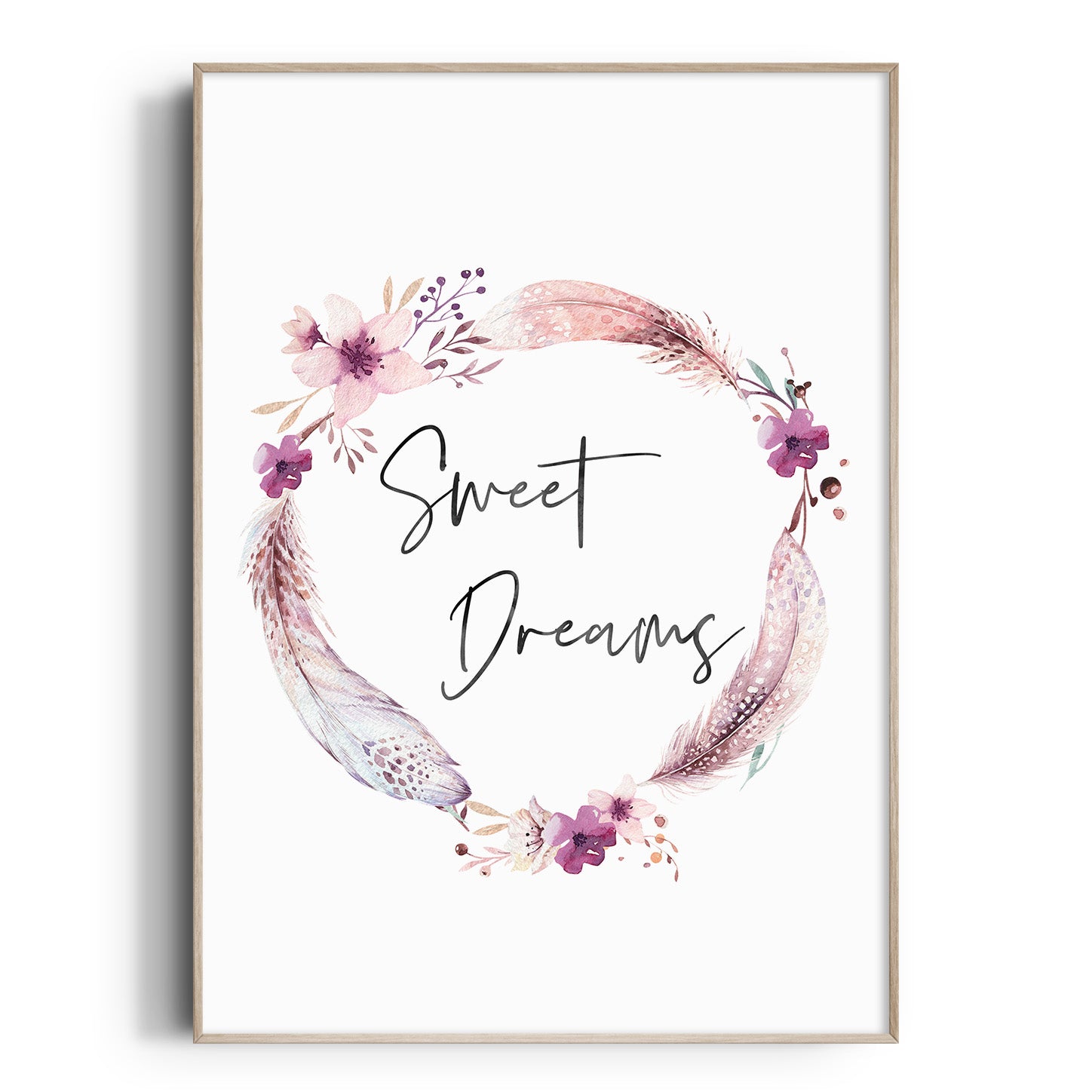 Boho Feather & Floral Wreath Sweet Dreams Print