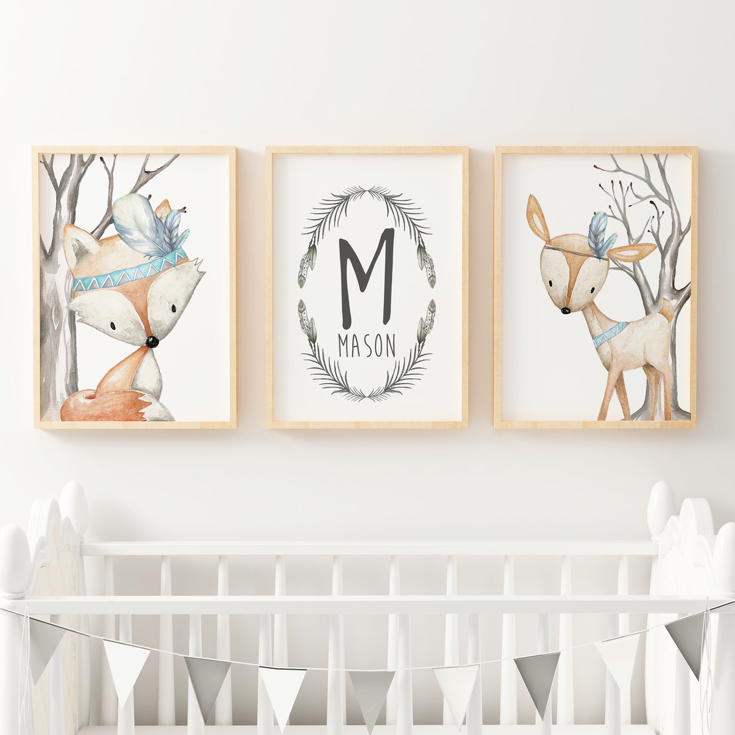 Boys Woodland Animal Nursery prints, deer, fox & name sign