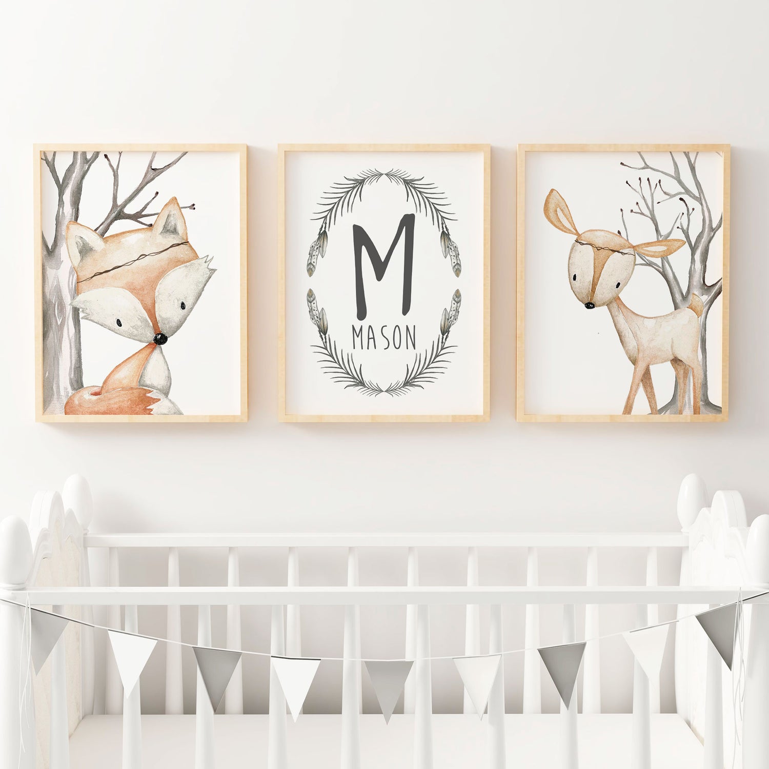 Boys Woodland Nursery Prints | Deer, Fox & Name Print