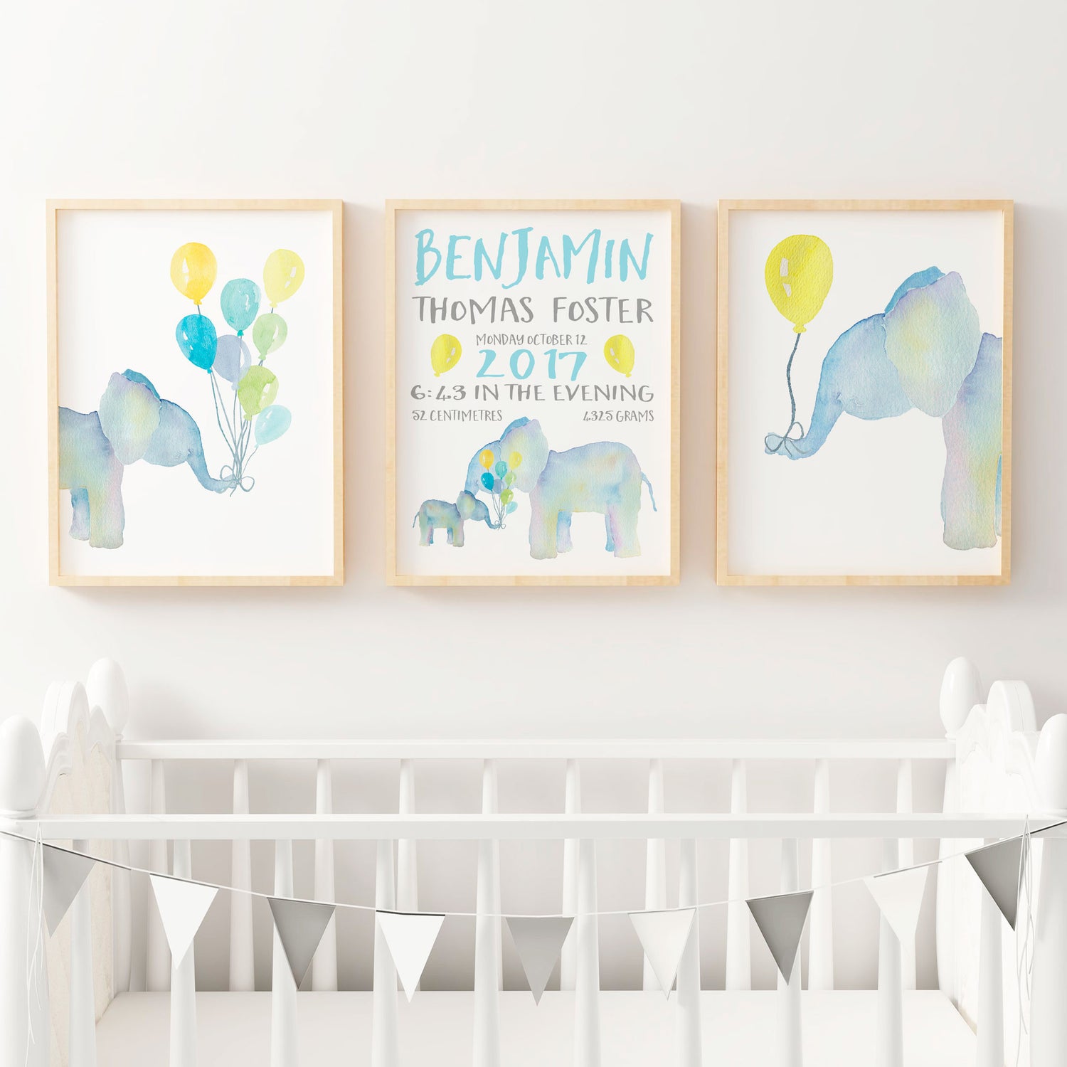 Watercolour Elephants & Birth Prints
