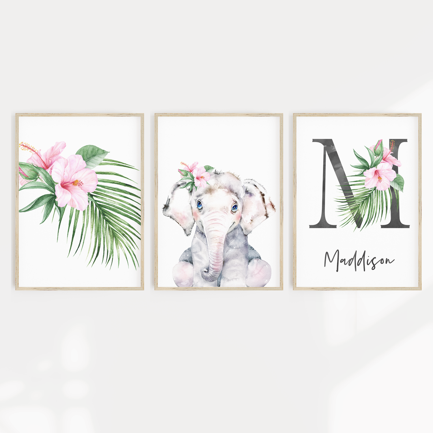 Watercolour Elephant, Greenery & Letter Prints