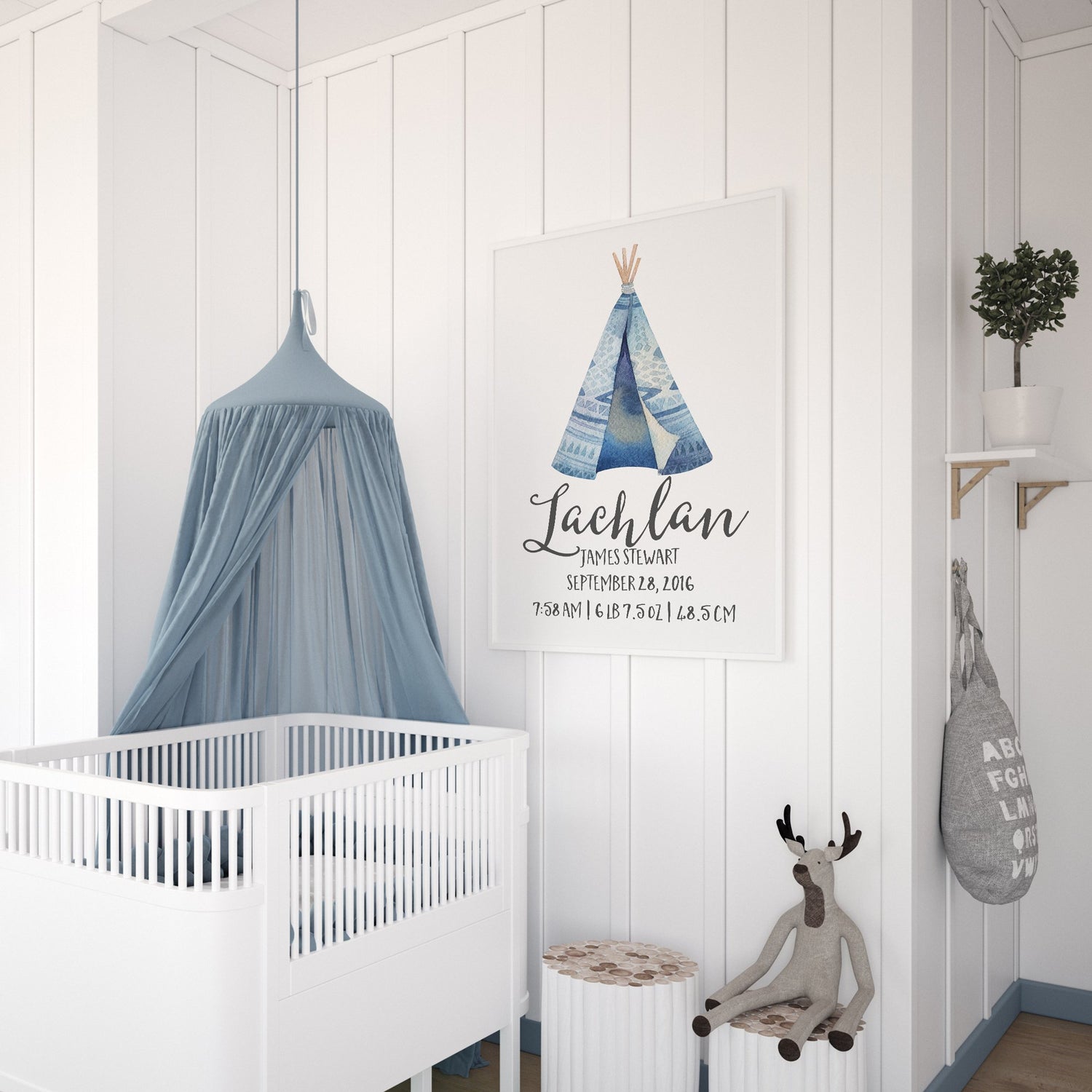 Blue Woodland Teepee Birth Print