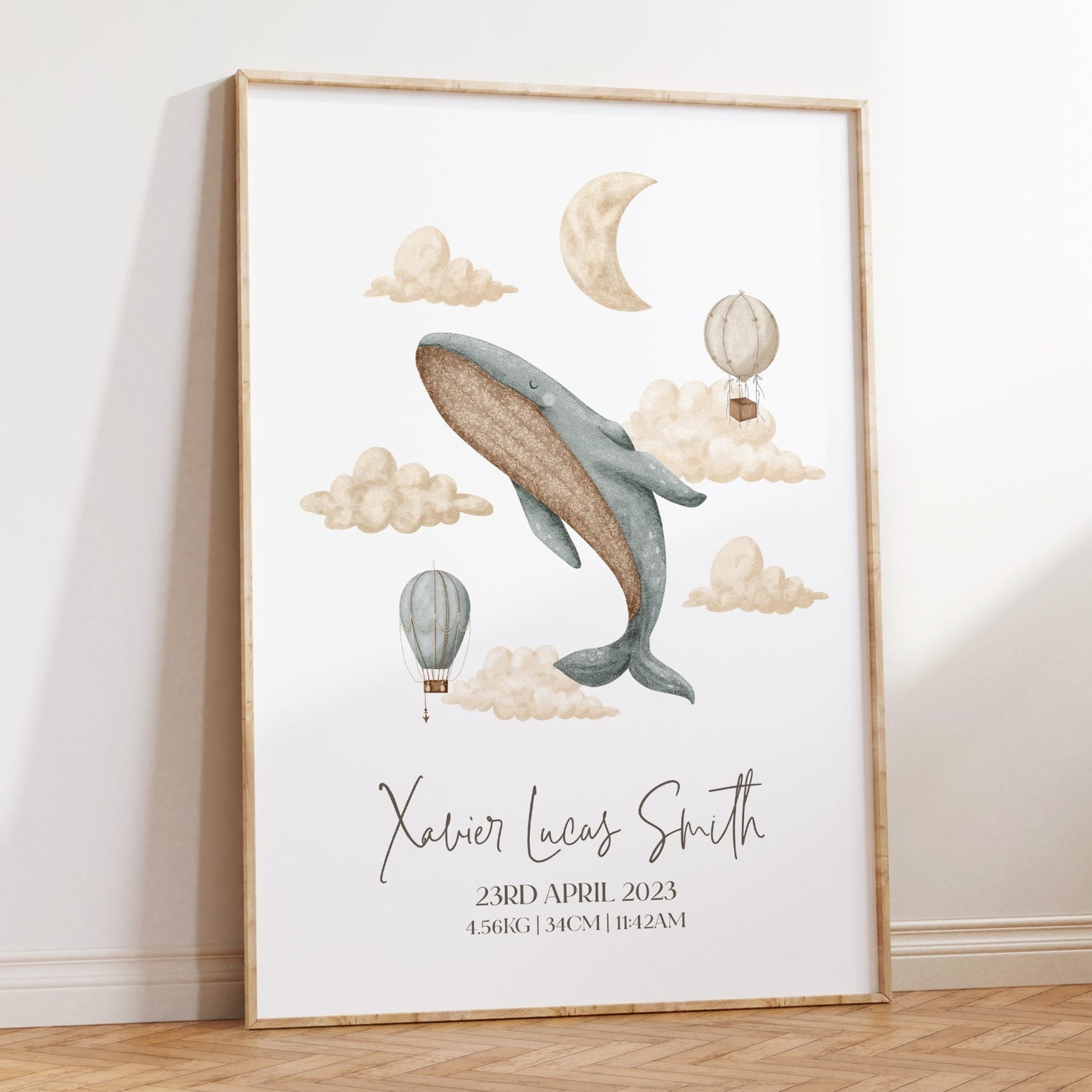 Boho Whale & Hot Air Balloon Birth Print