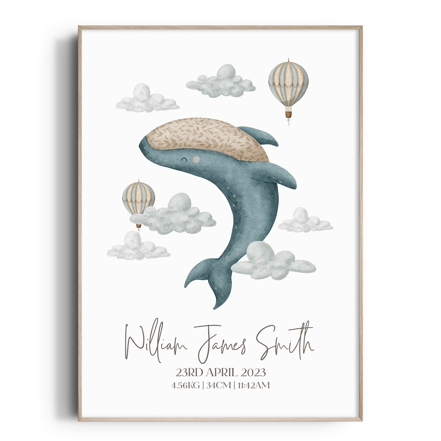 Boho Whale & Hot Air Balloon Birth Print