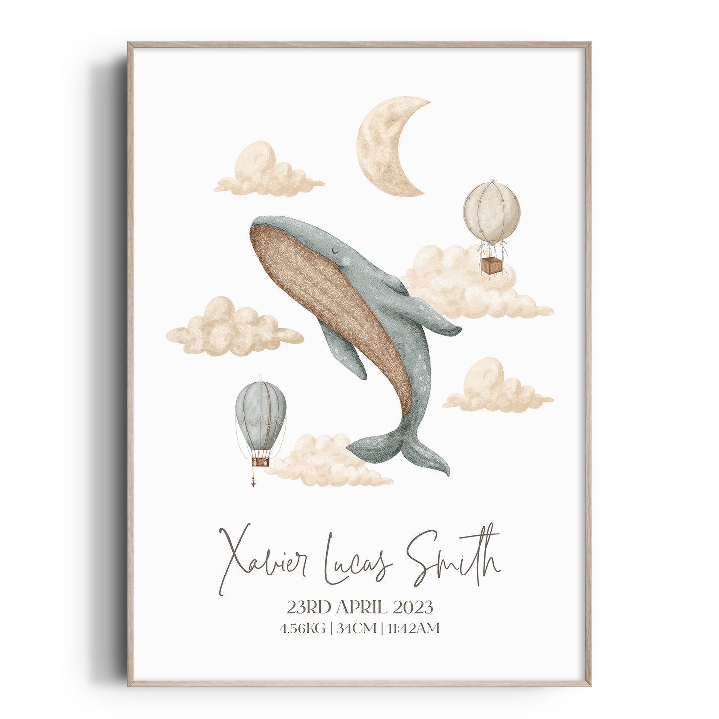 Boho Whale & Hot Air Balloon Birth Print