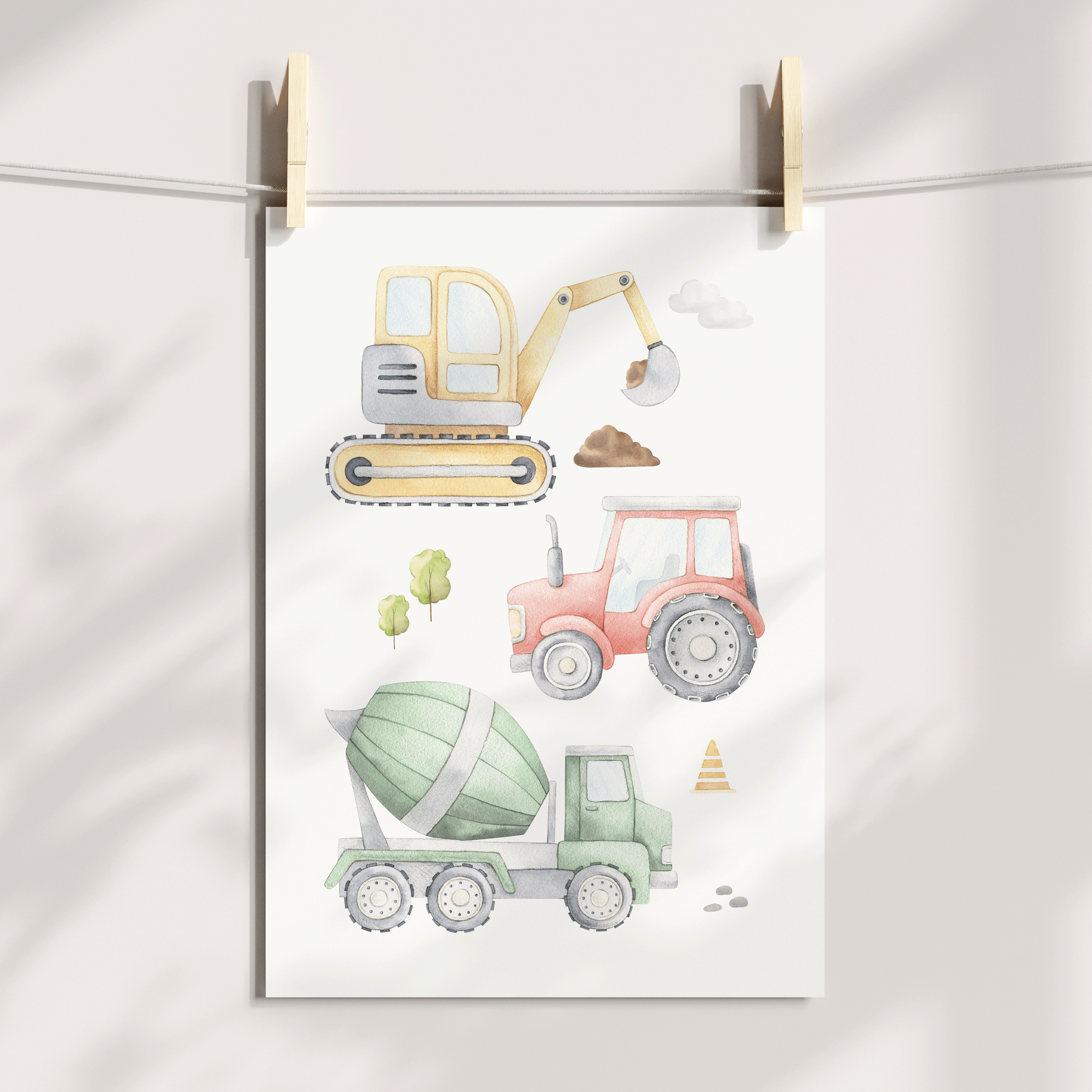 Watercolour Construction Vehicles & Name Print