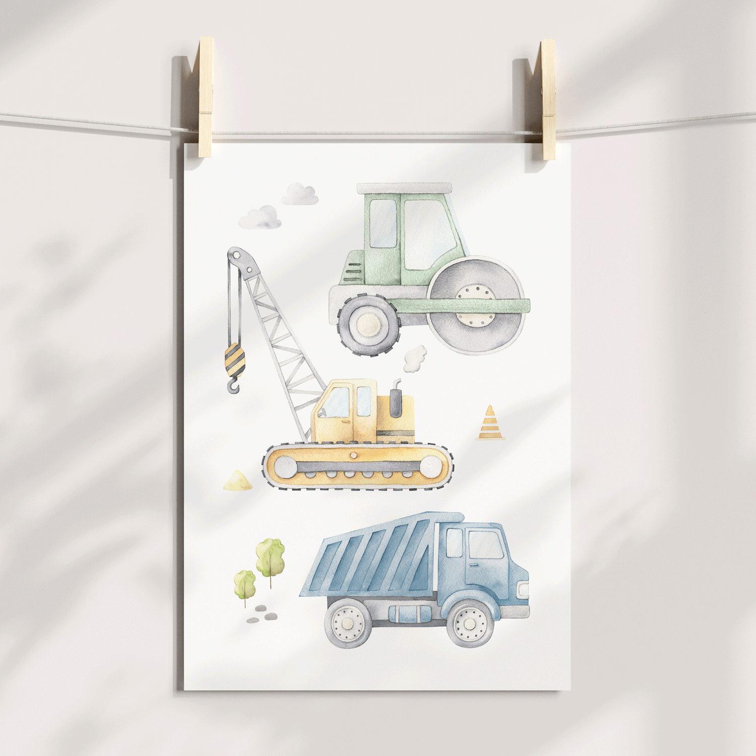 Watercolour Construction Vehicles & Name Print