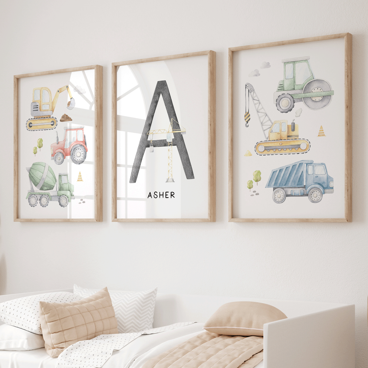 Watercolour Construction Vehicles & Name Print