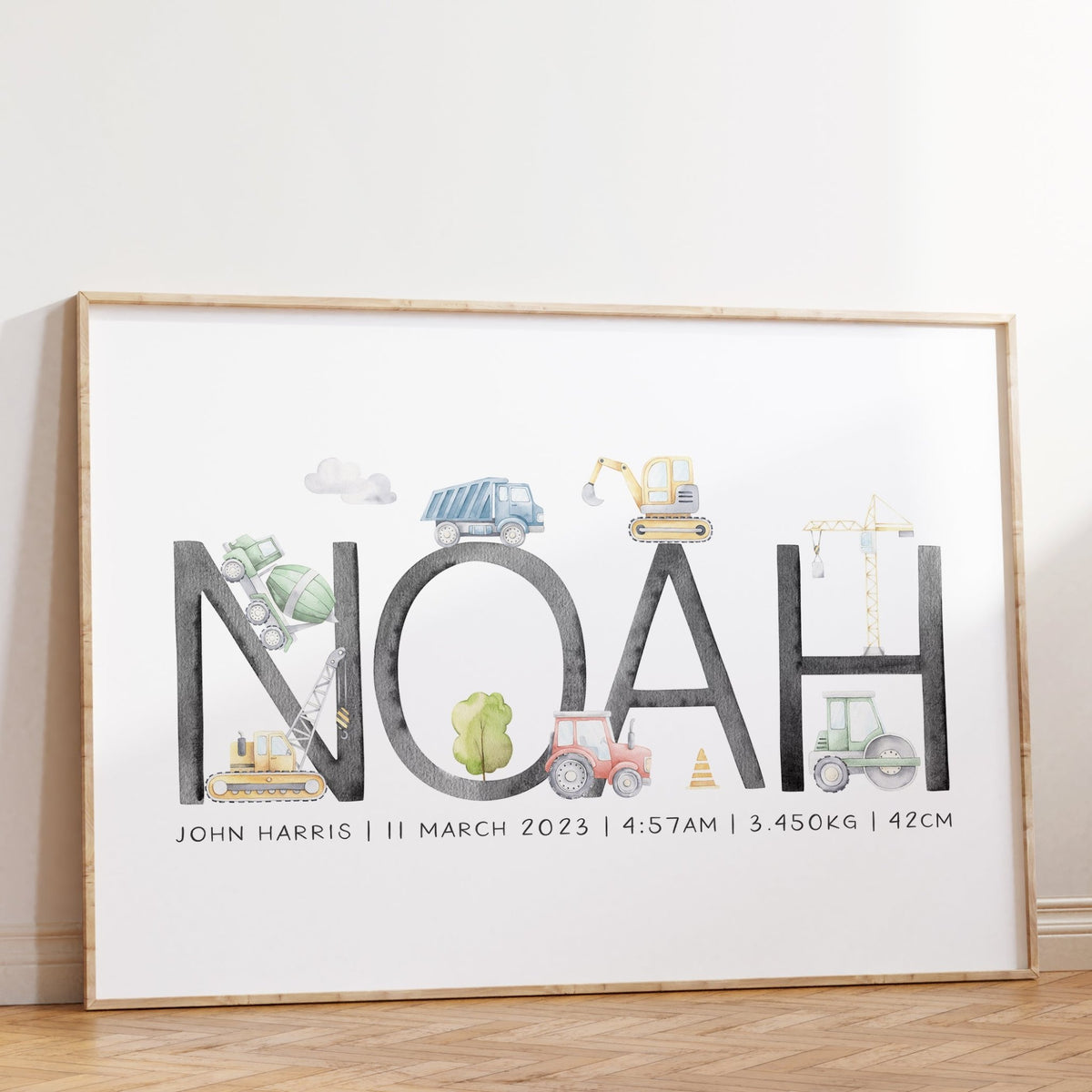 boys construction vehicle nursery wall art name print