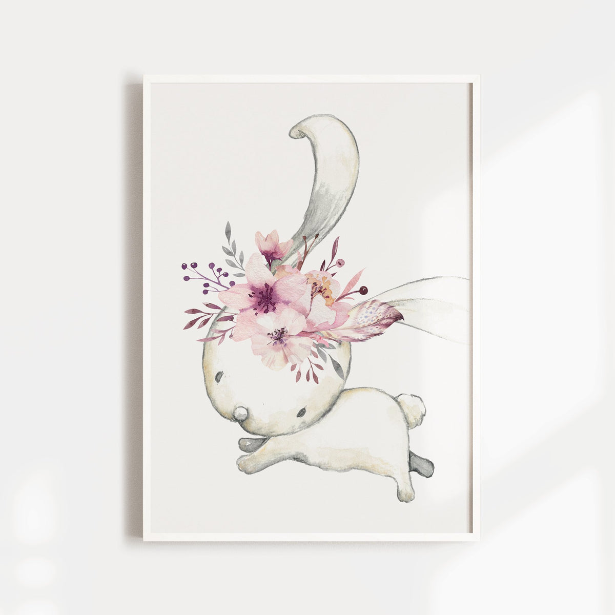 Girls Pink Floral Boho Bunny Nursery Print