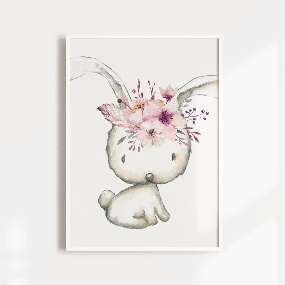 Girls Pink Floral Boho Bunny Nursery Print