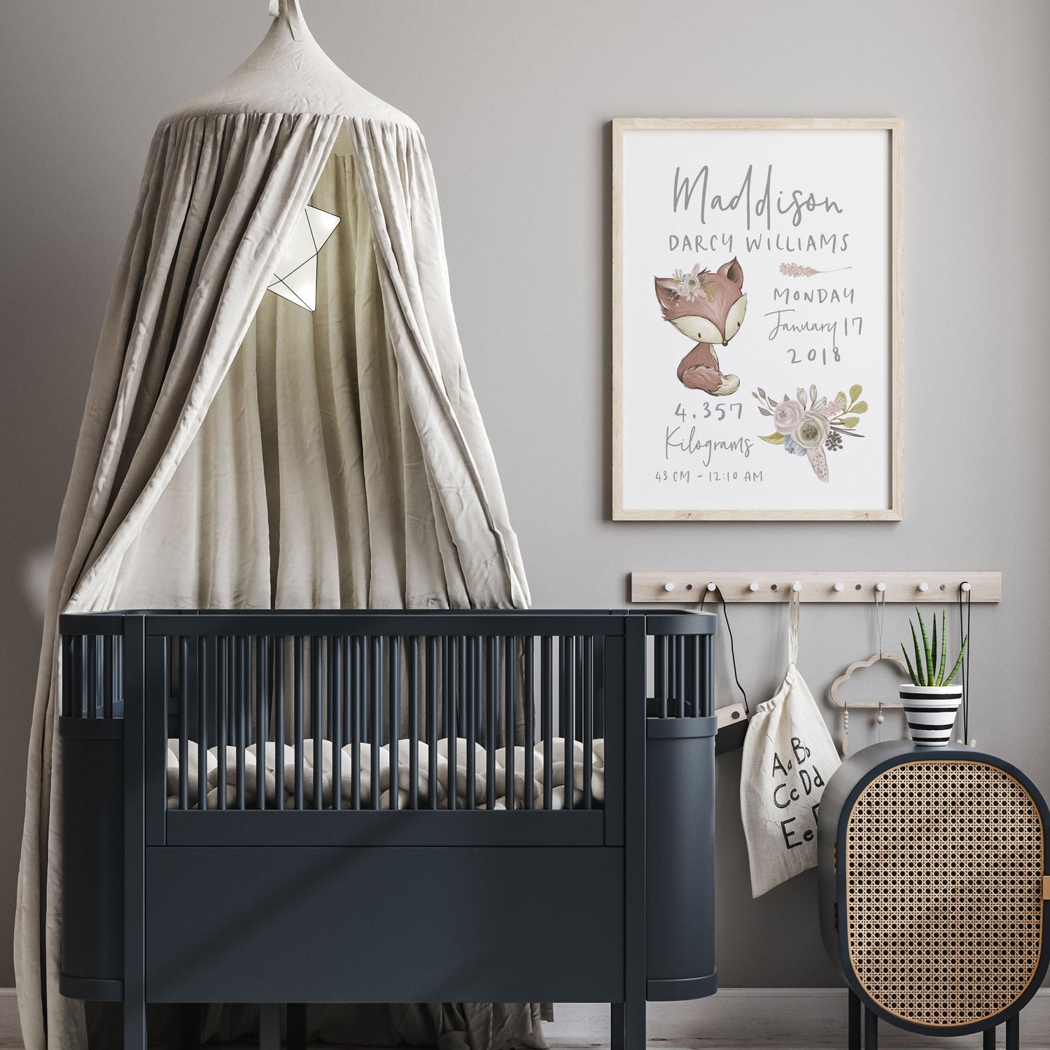 Floral Woodland Fox Birth Print