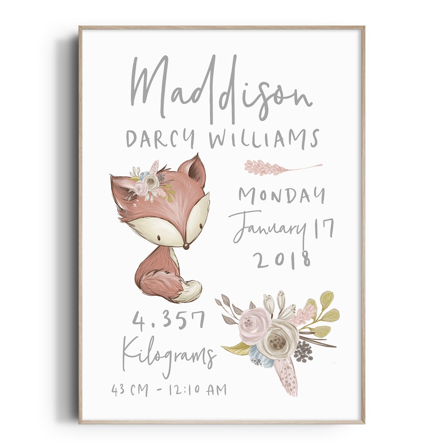 Floral Woodland Fox Birth Print