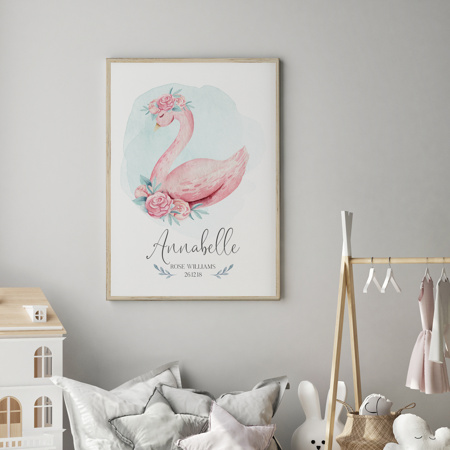 Pink Floral Watercolour Swan Birth Print
