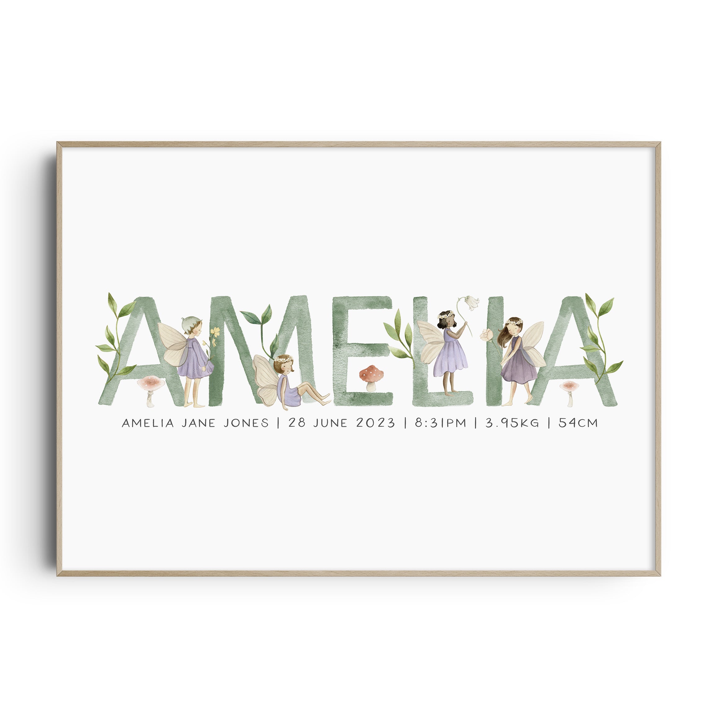 Fairy nursery wall art name birth print