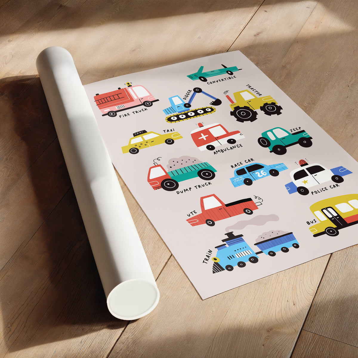 Colourful Transport Print | Cars, Trucks & Trains