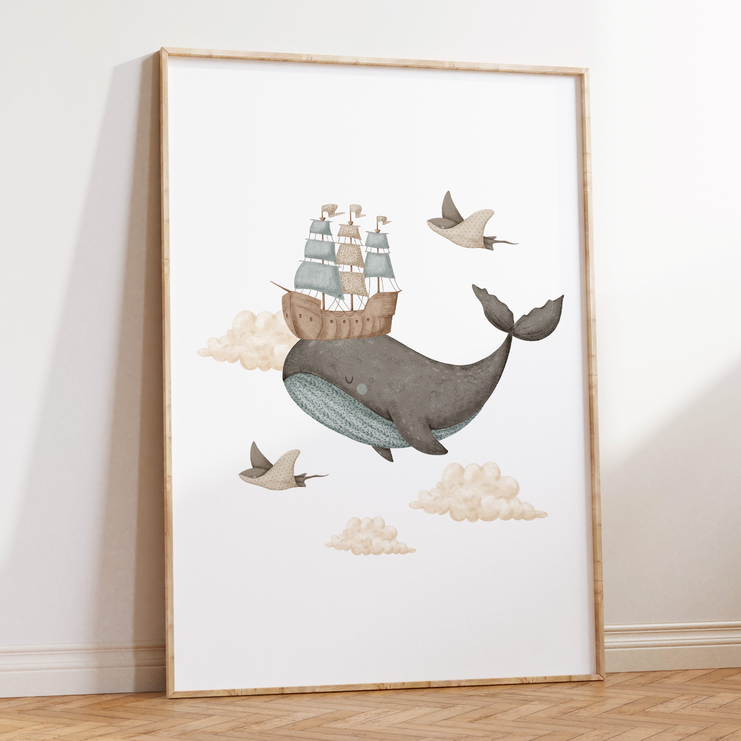 Boho Whale & Ship Print