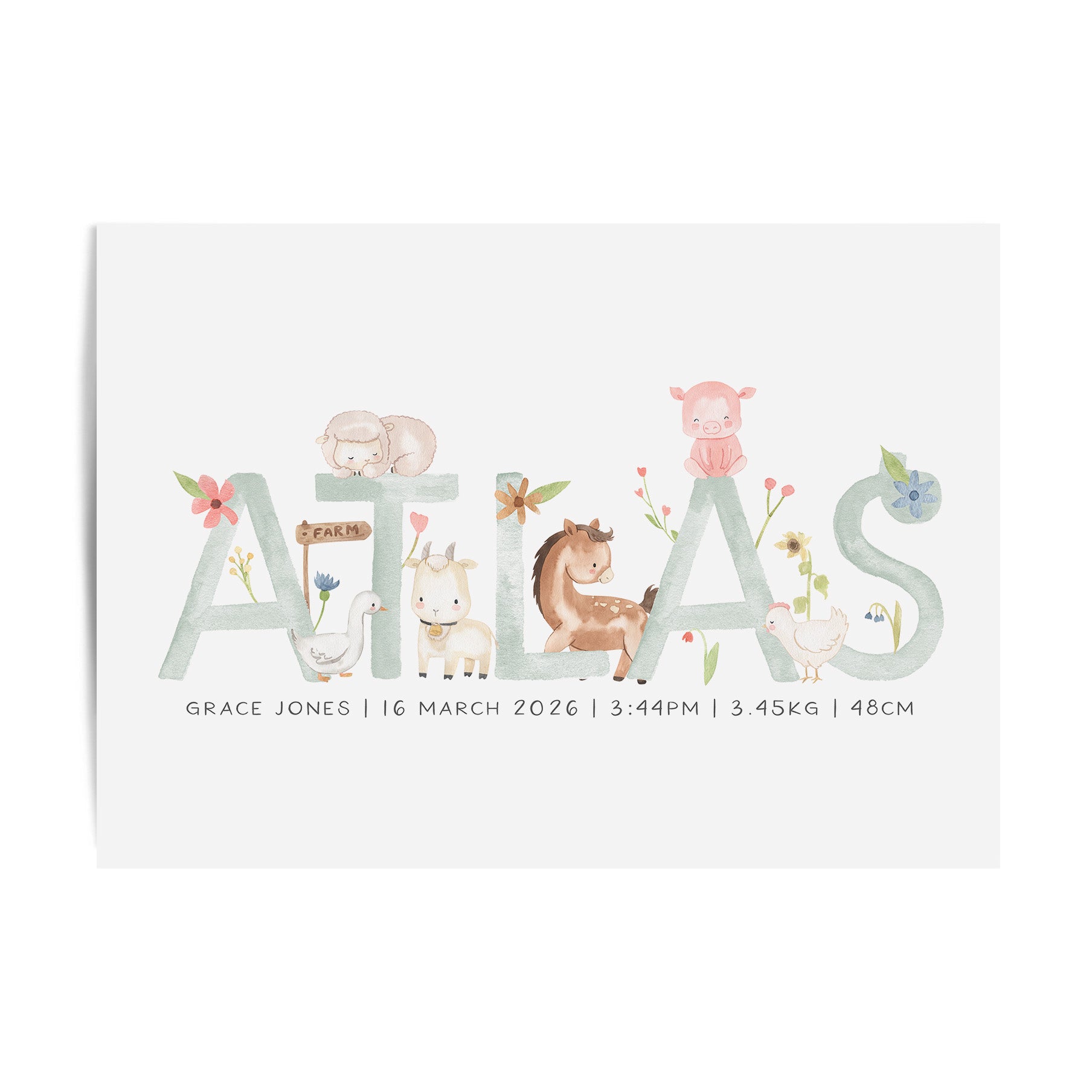 Floral Farm Animal Name Print