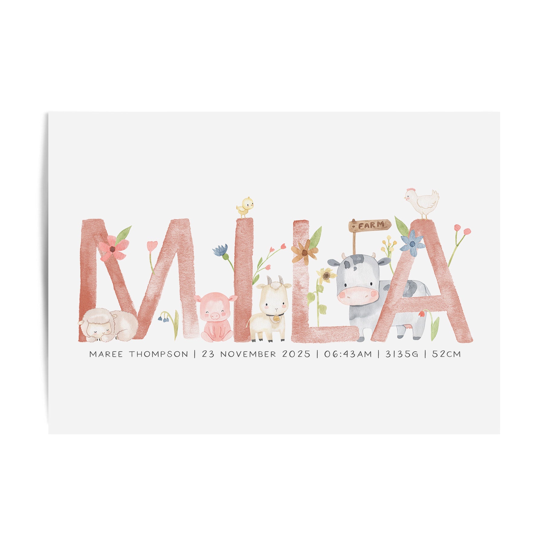 Floral Farm Animal Name Print