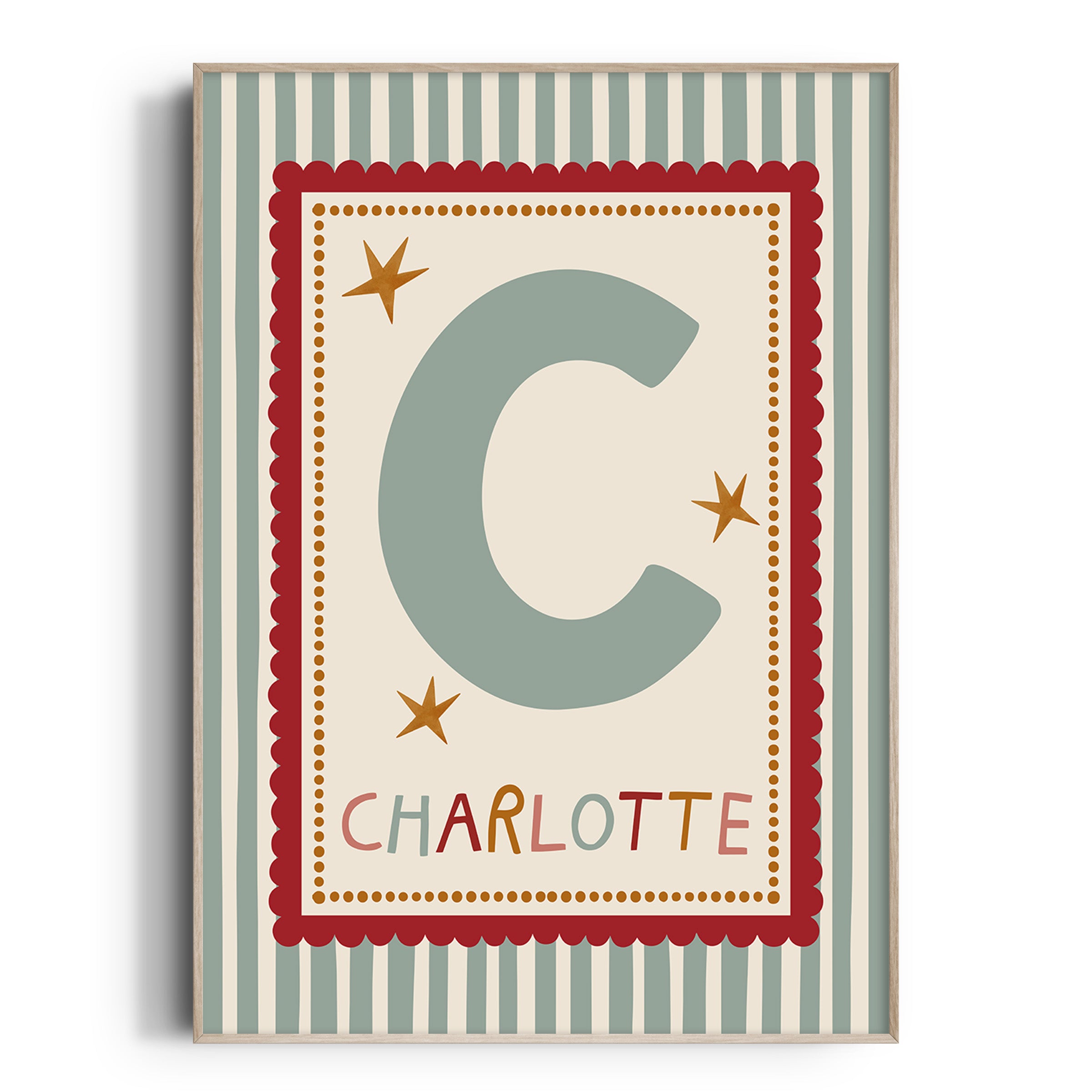 Red Scallop Green Stripe Letter & Name Print