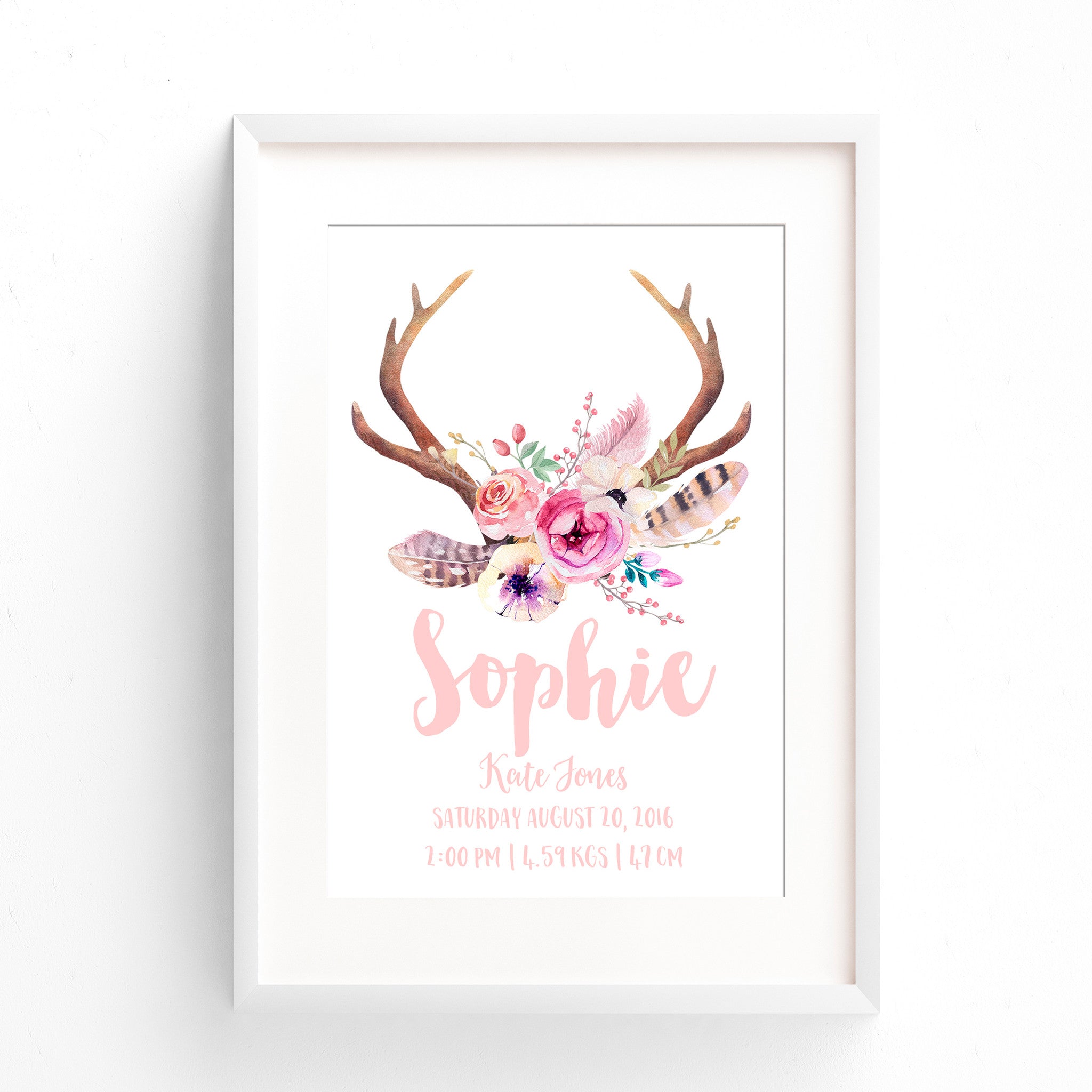Tribal Boho Antler Birth Print