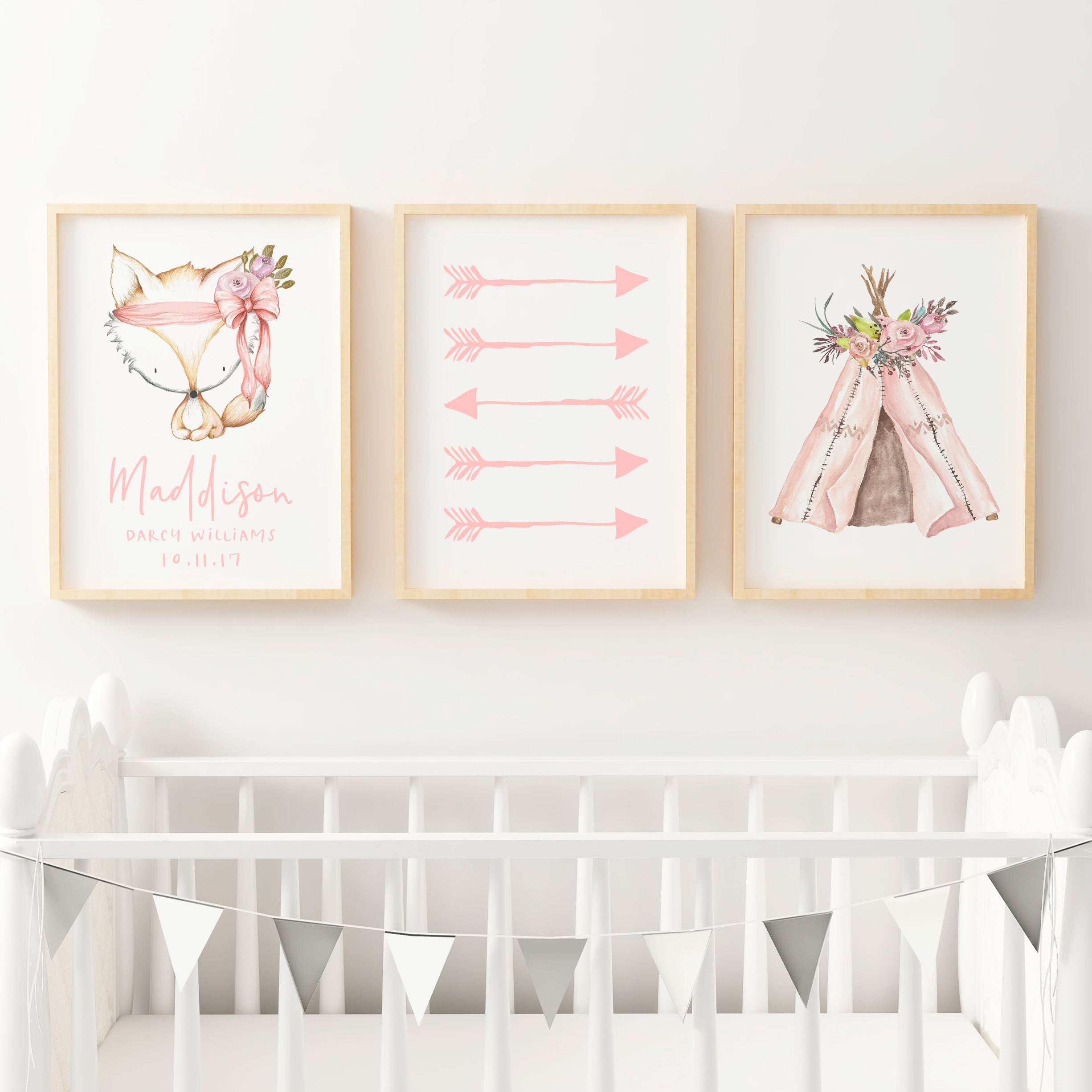 Woodland Teepee, Arrows & Fox Birth Print