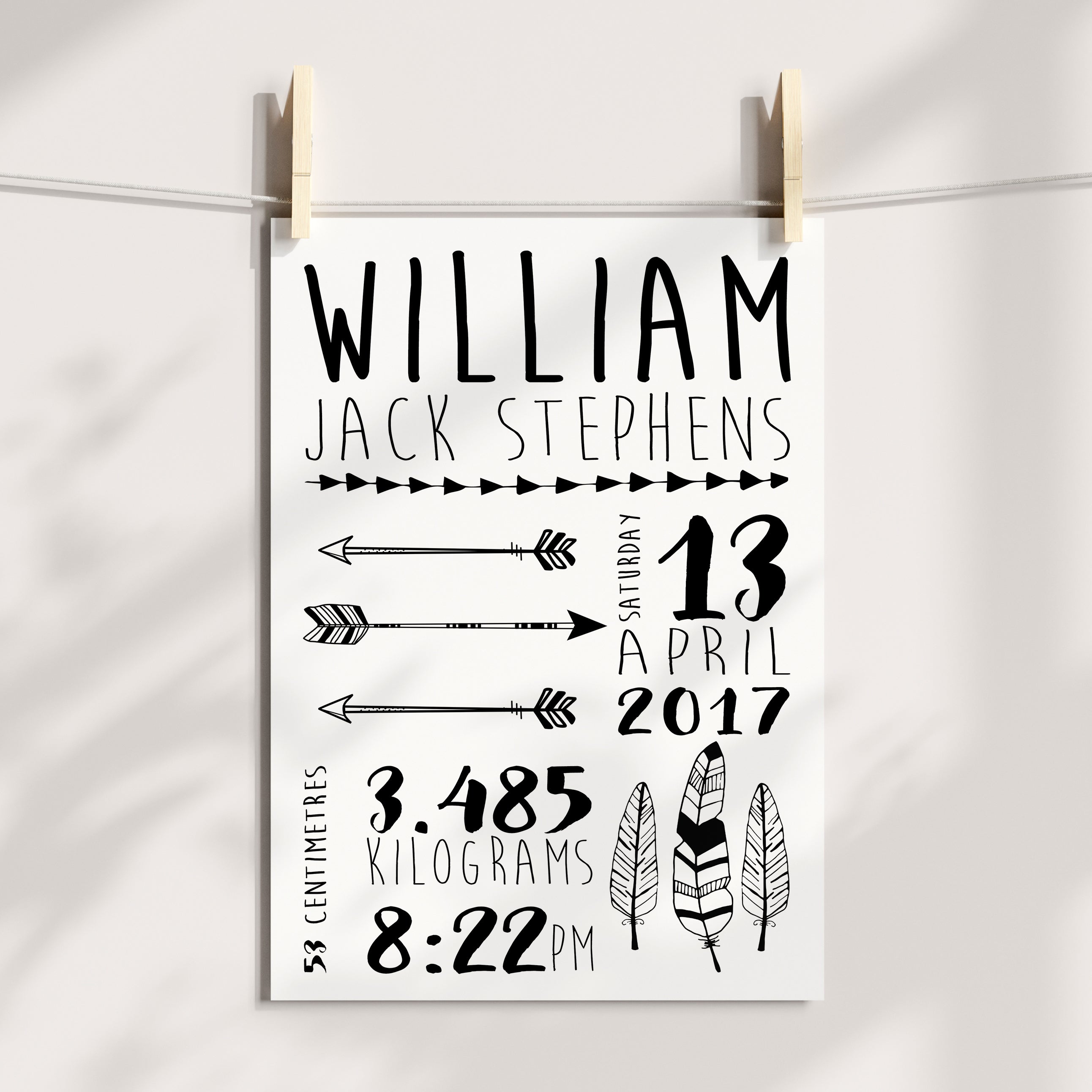 Tribal Feathers & Arrows Birth Print
