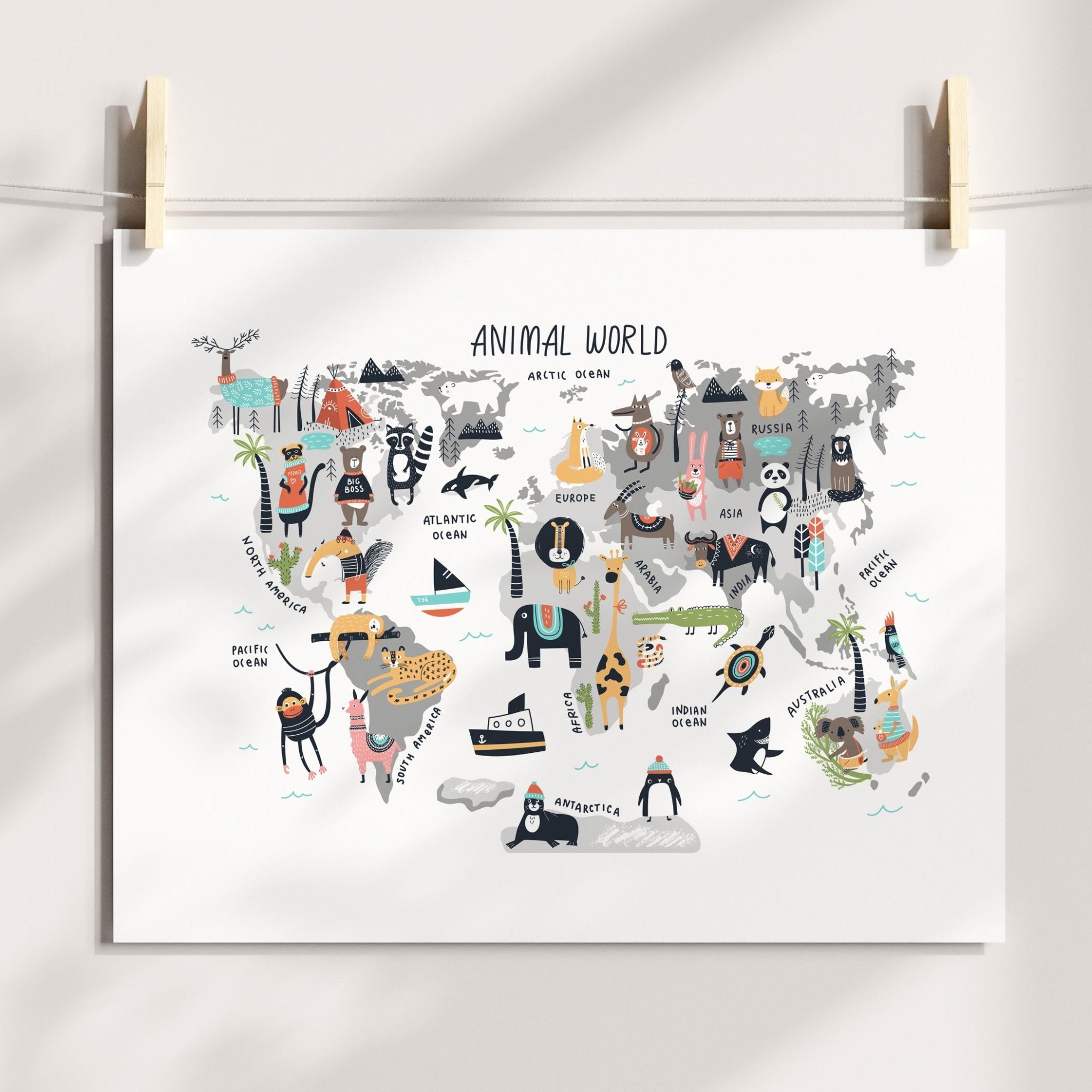 Animal World Map Print