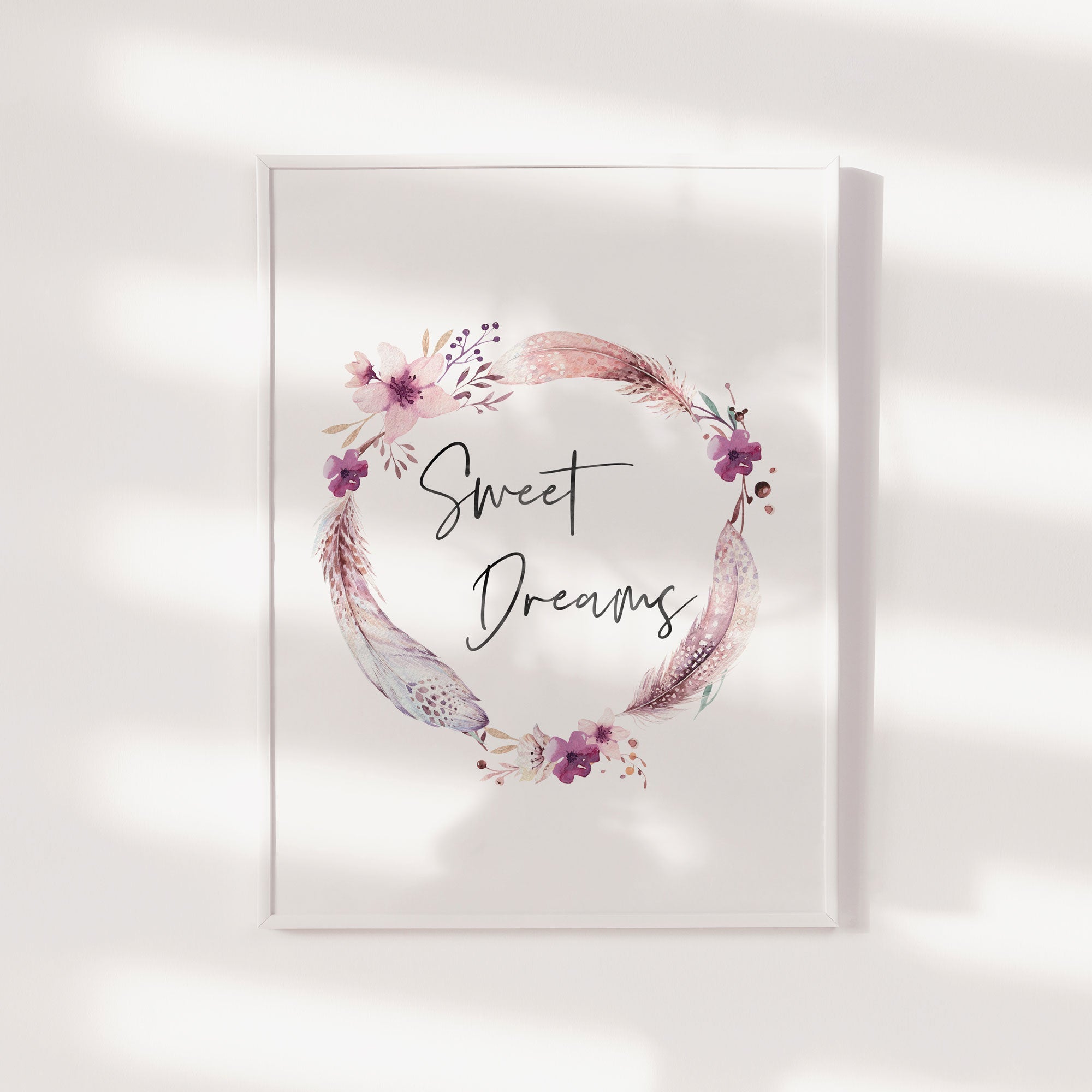 Boho Feather & Floral Wreath Sweet Dreams Print
