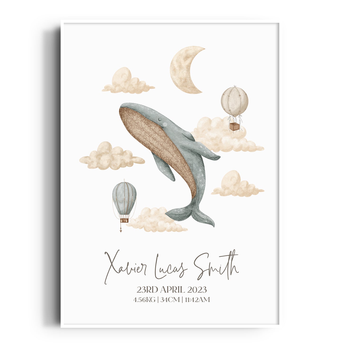 Boho Whale & Hot Air Balloon Birth Print