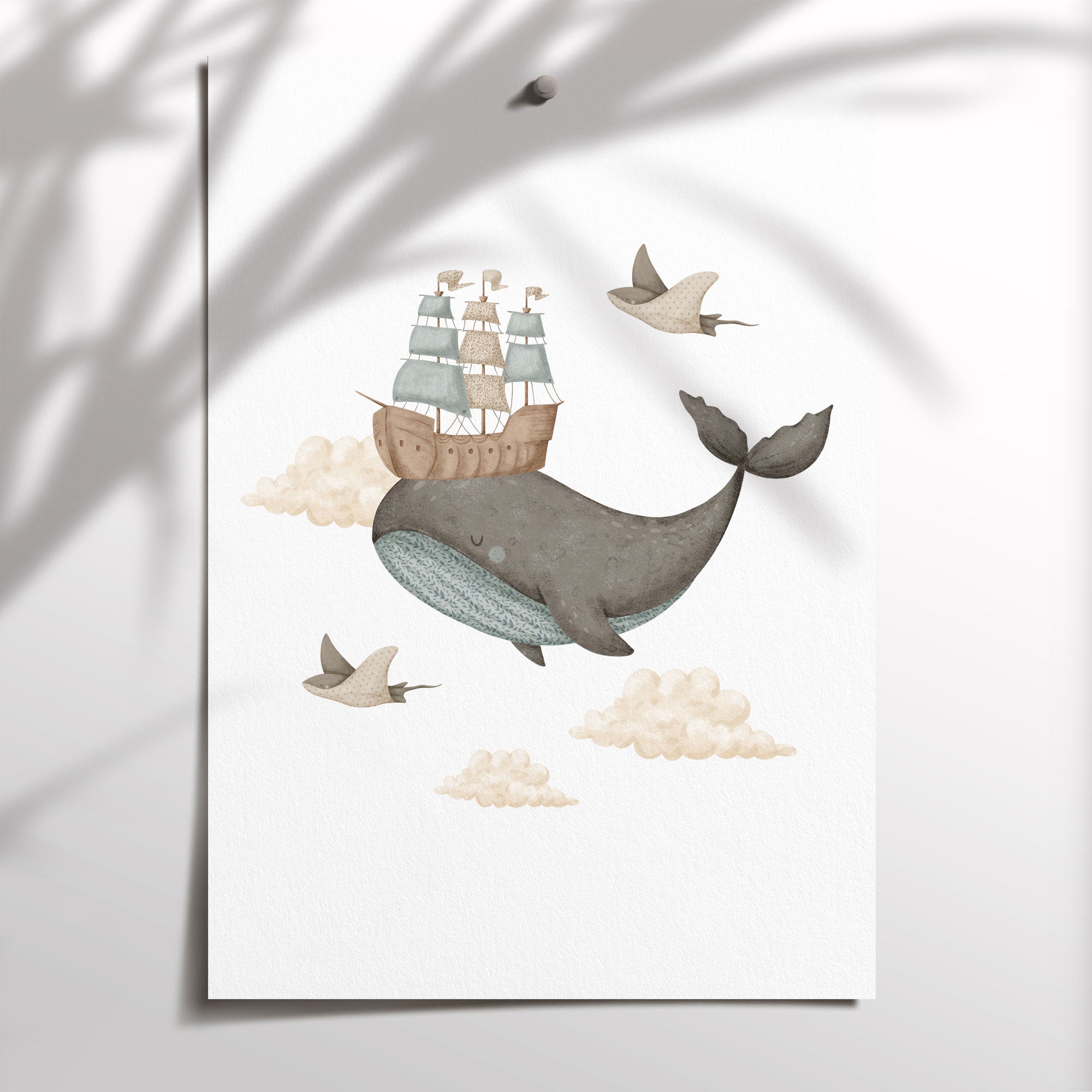 Boho Whale & Ship Print
