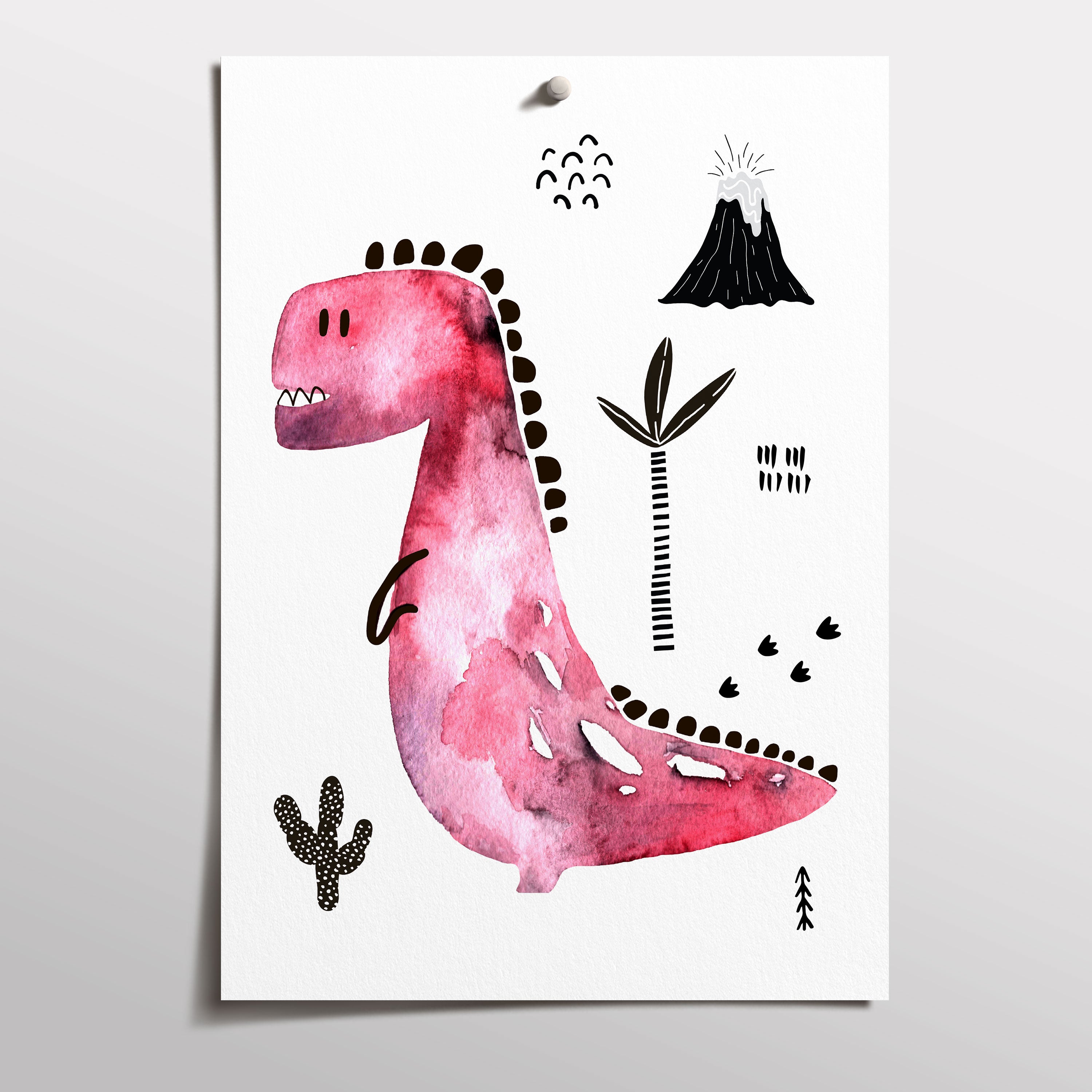 Boys dinosaur nursery wall art print. Red T-Rex
