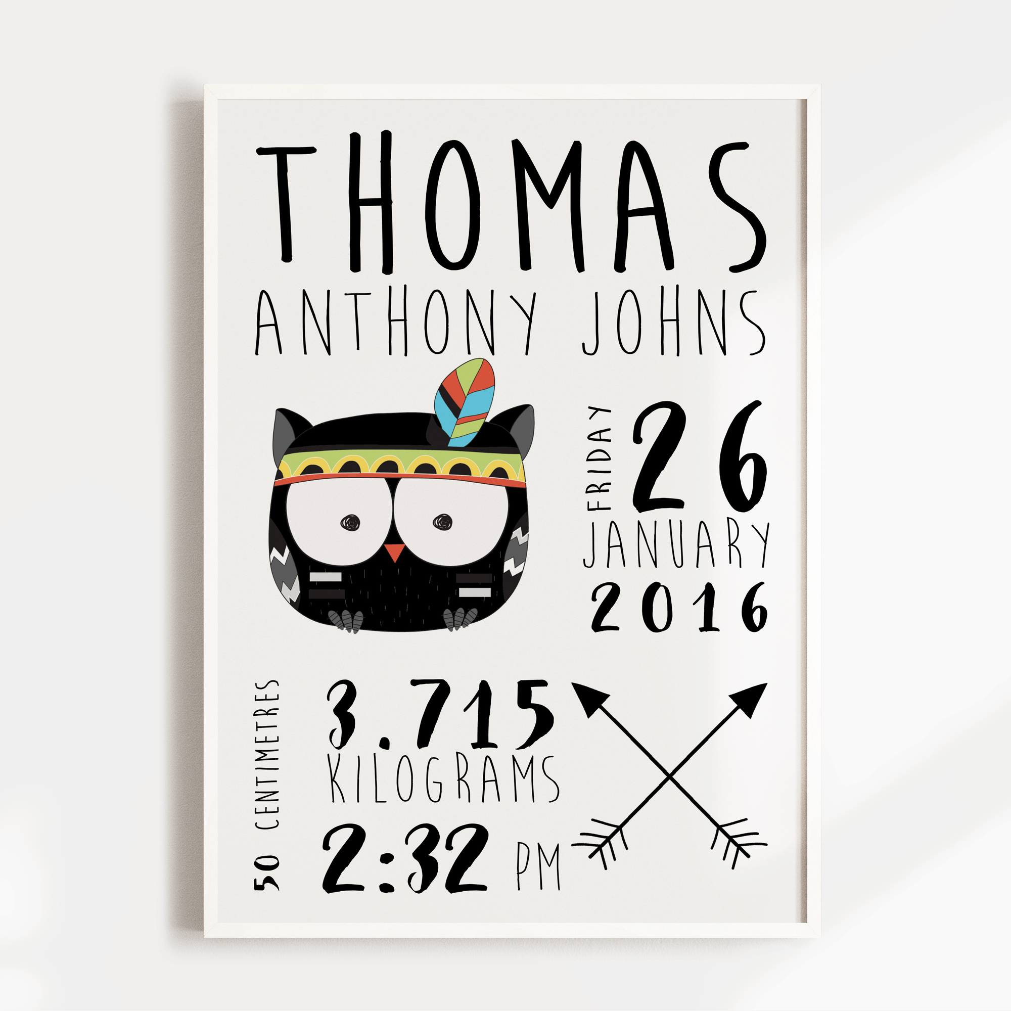 Tribal Owl & Arrows Birth Print