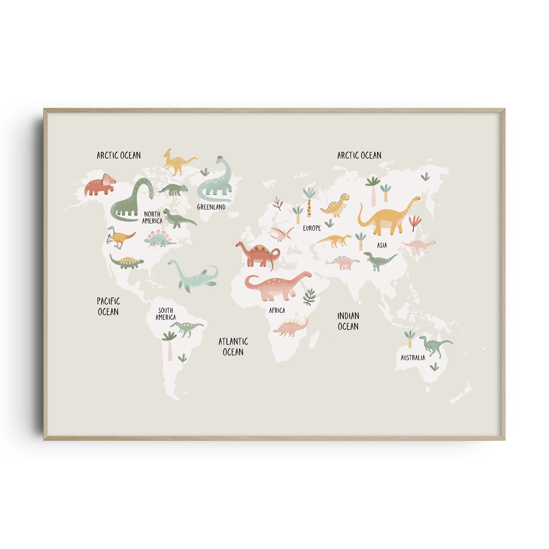 Watercolour Dinosaur World Map Print