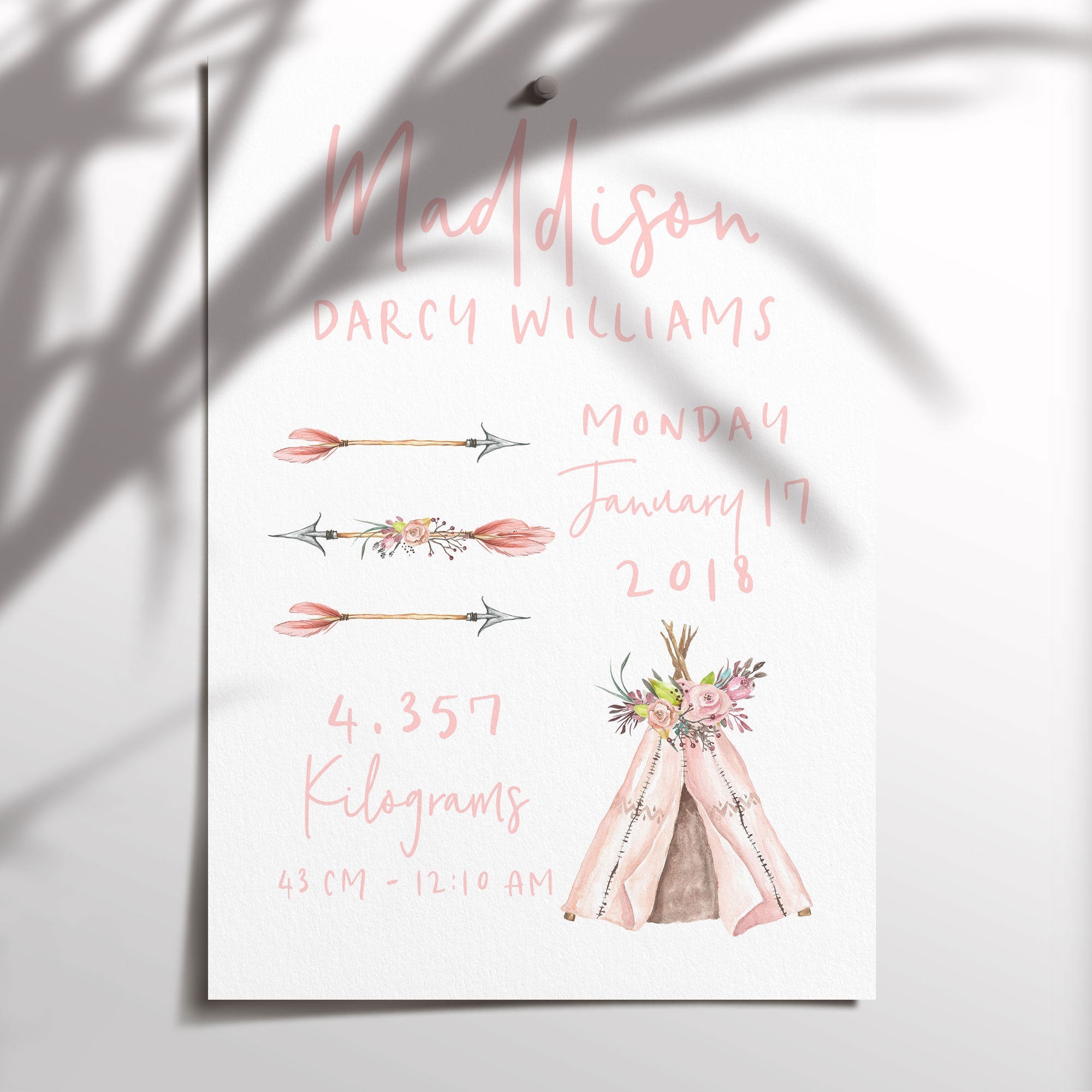 Floral Boho Tribal Teepee & Arrow Birth Print