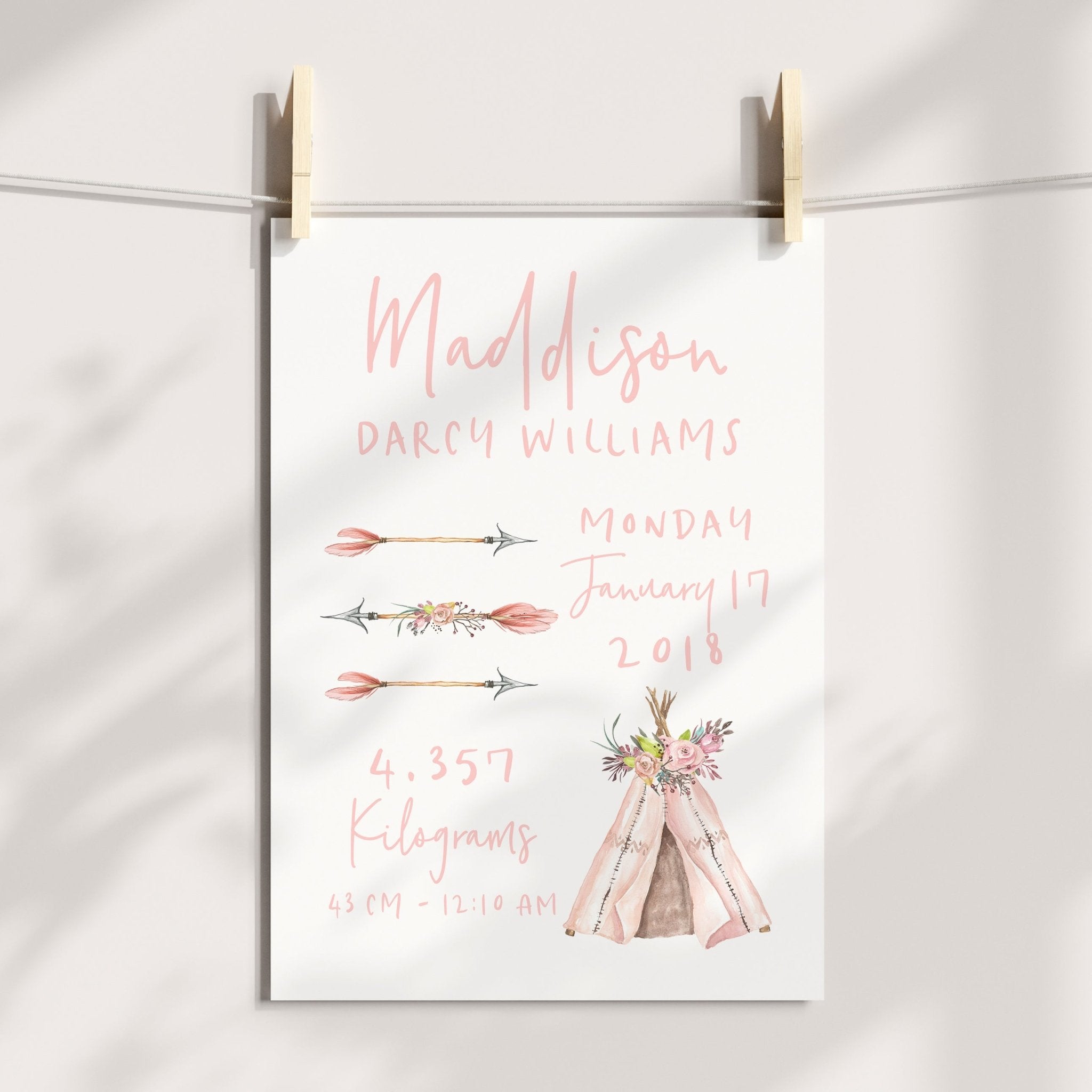 Floral Boho Tribal Teepee & Arrow Birth Print