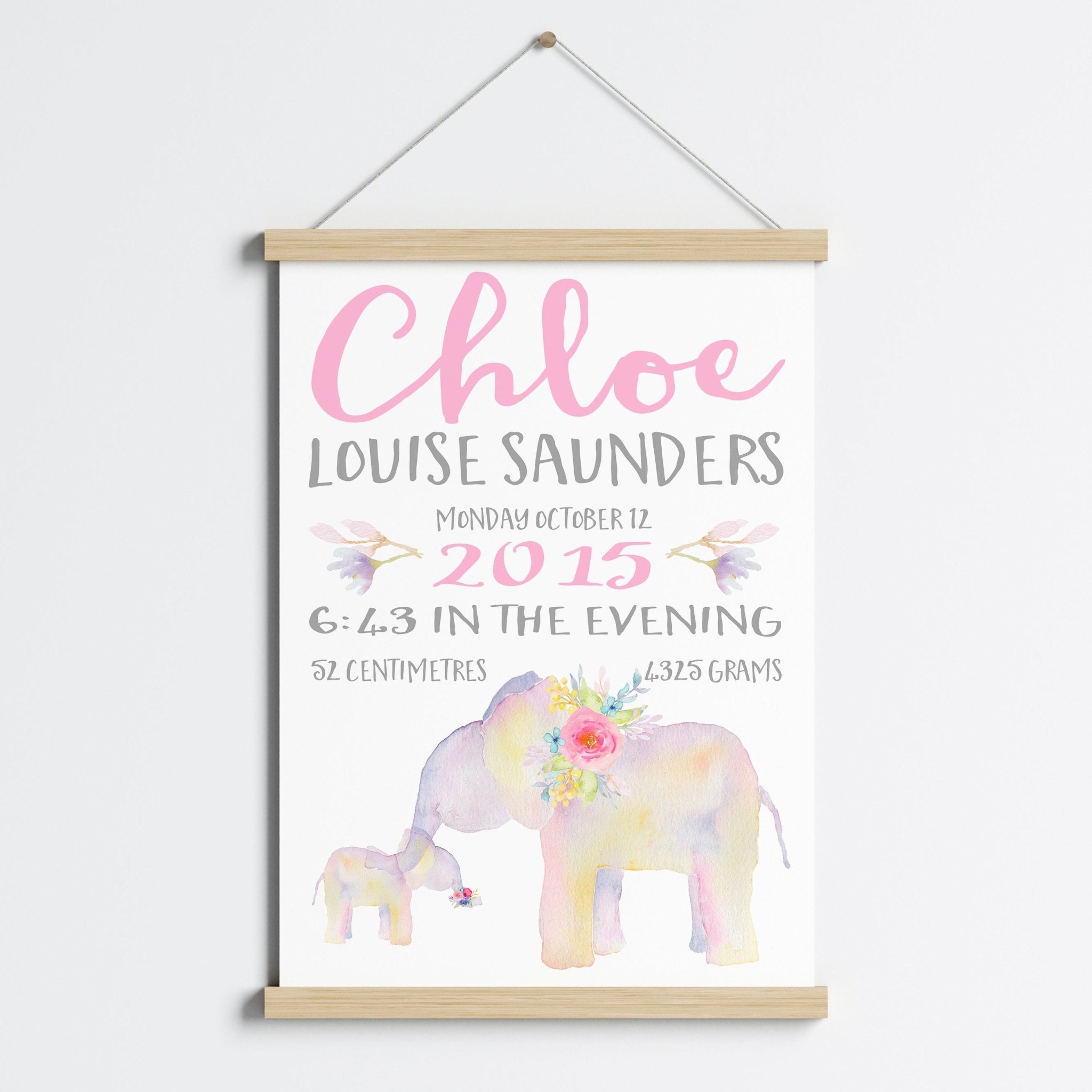 Floral Elephant Birth Print