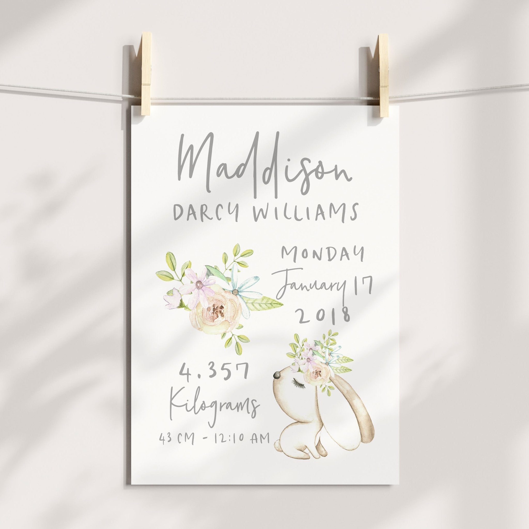 Floral Woodland Bunny Birth Print