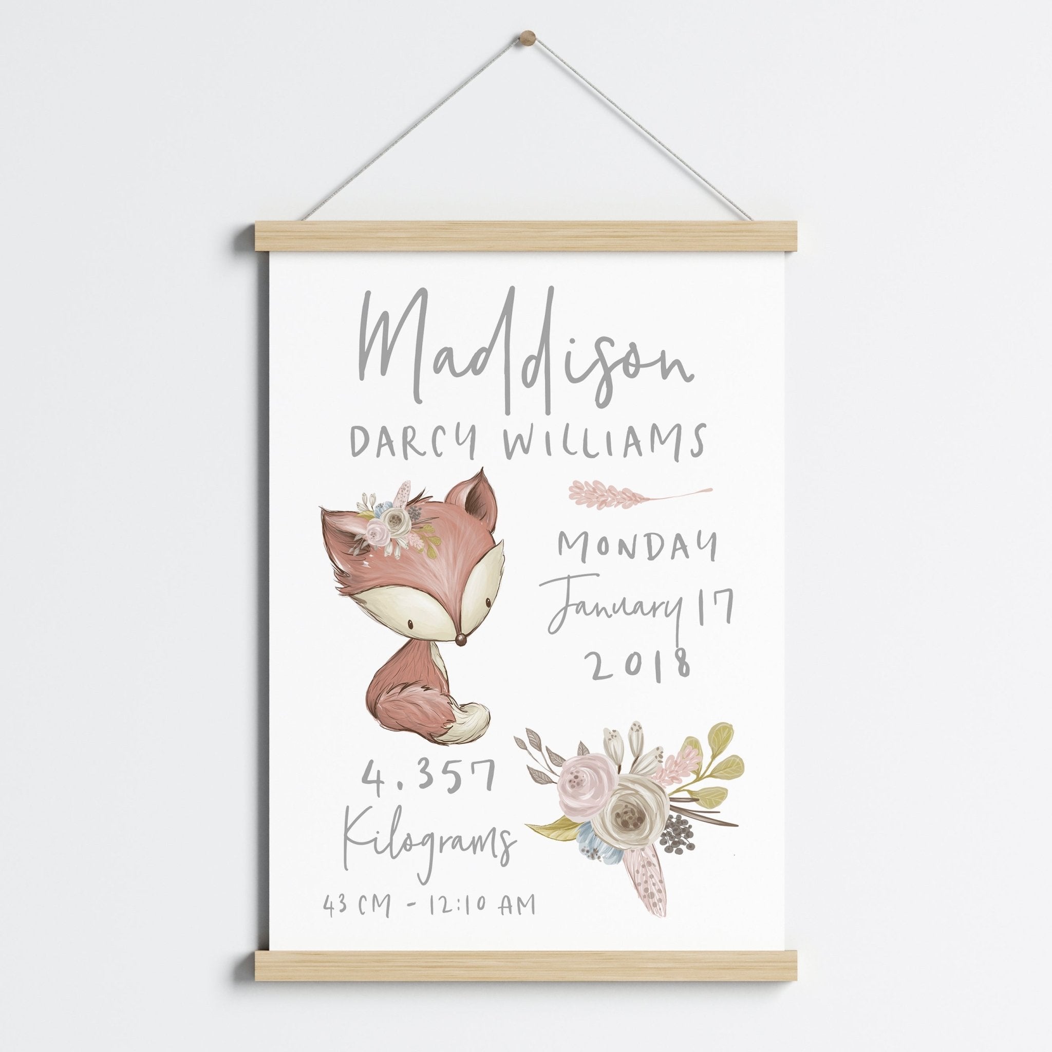 Floral Woodland Fox Birth Print