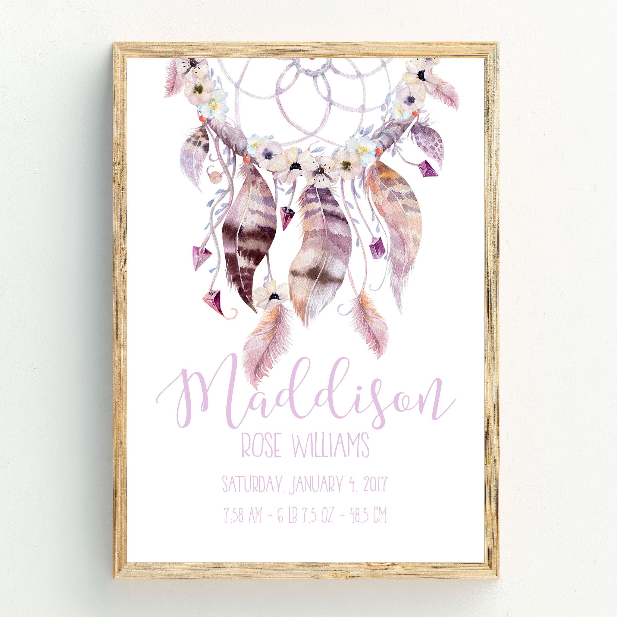 Baby Girl Announcement Dreamcatcher Birth Print