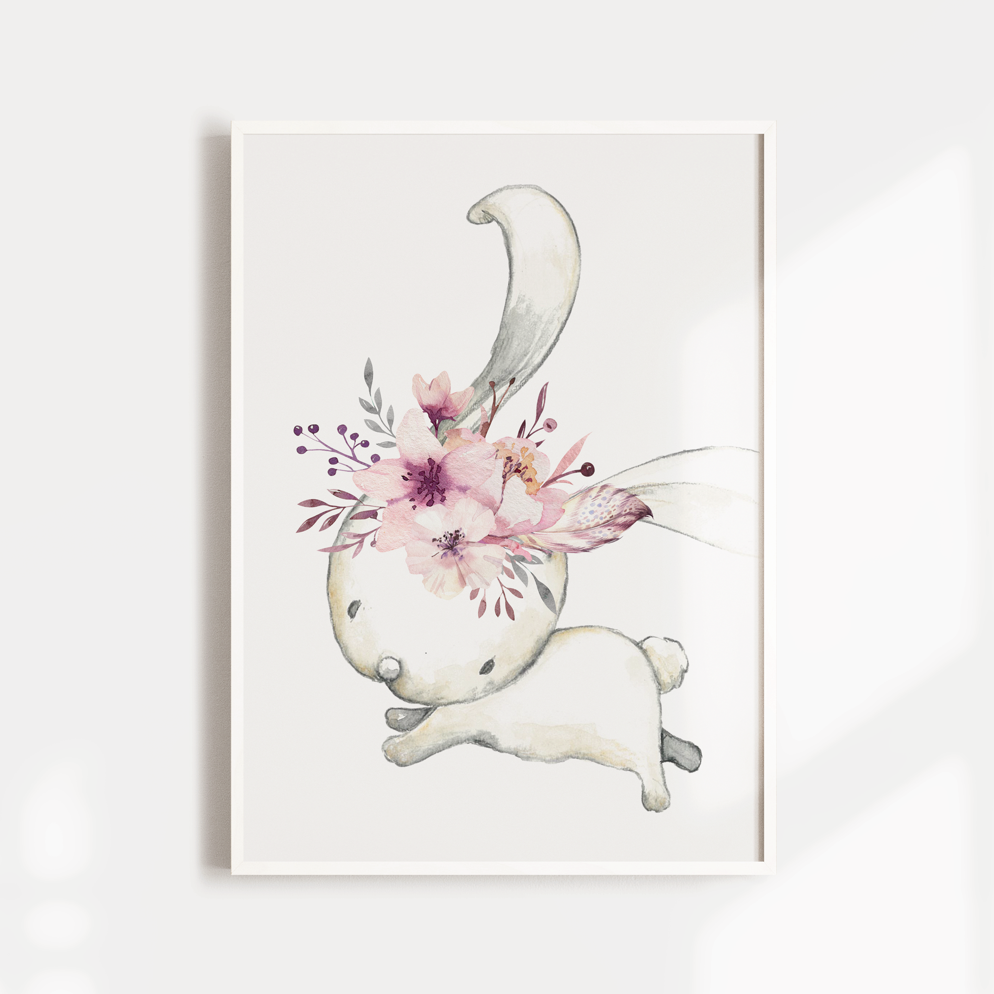 Girls Pink Floral Woodland Bunny Nursery Print