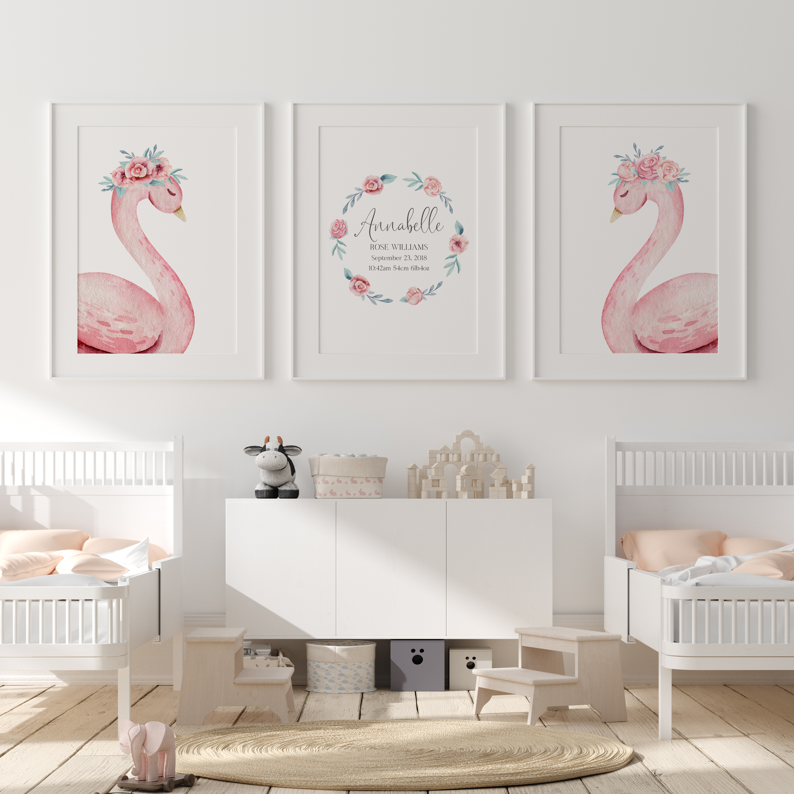 Pink Floral Watercolour Swans & Birth Print
