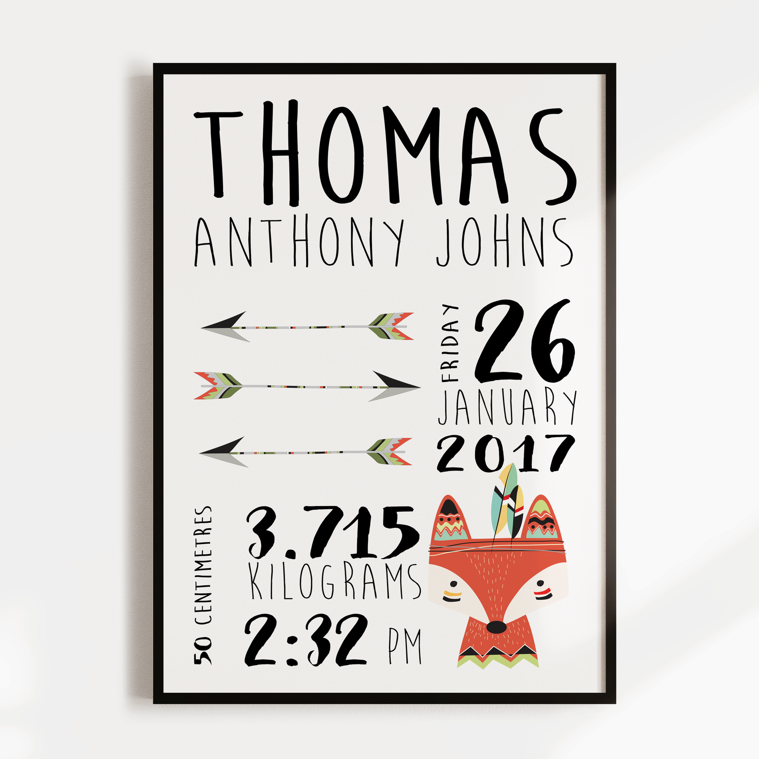 Tribal Fox & Arrows Birth Print