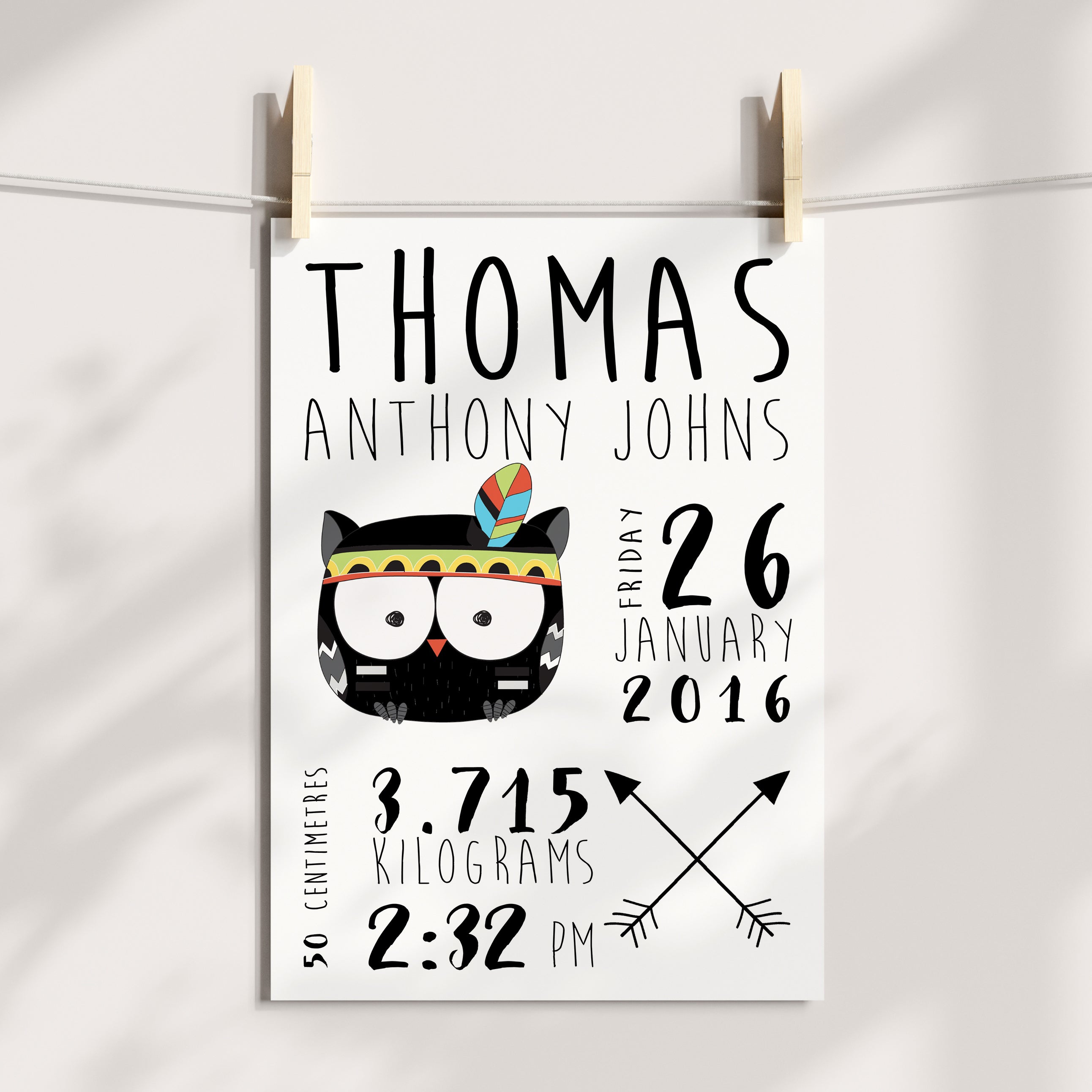 Tribal Owl & Arrows Birth Print
